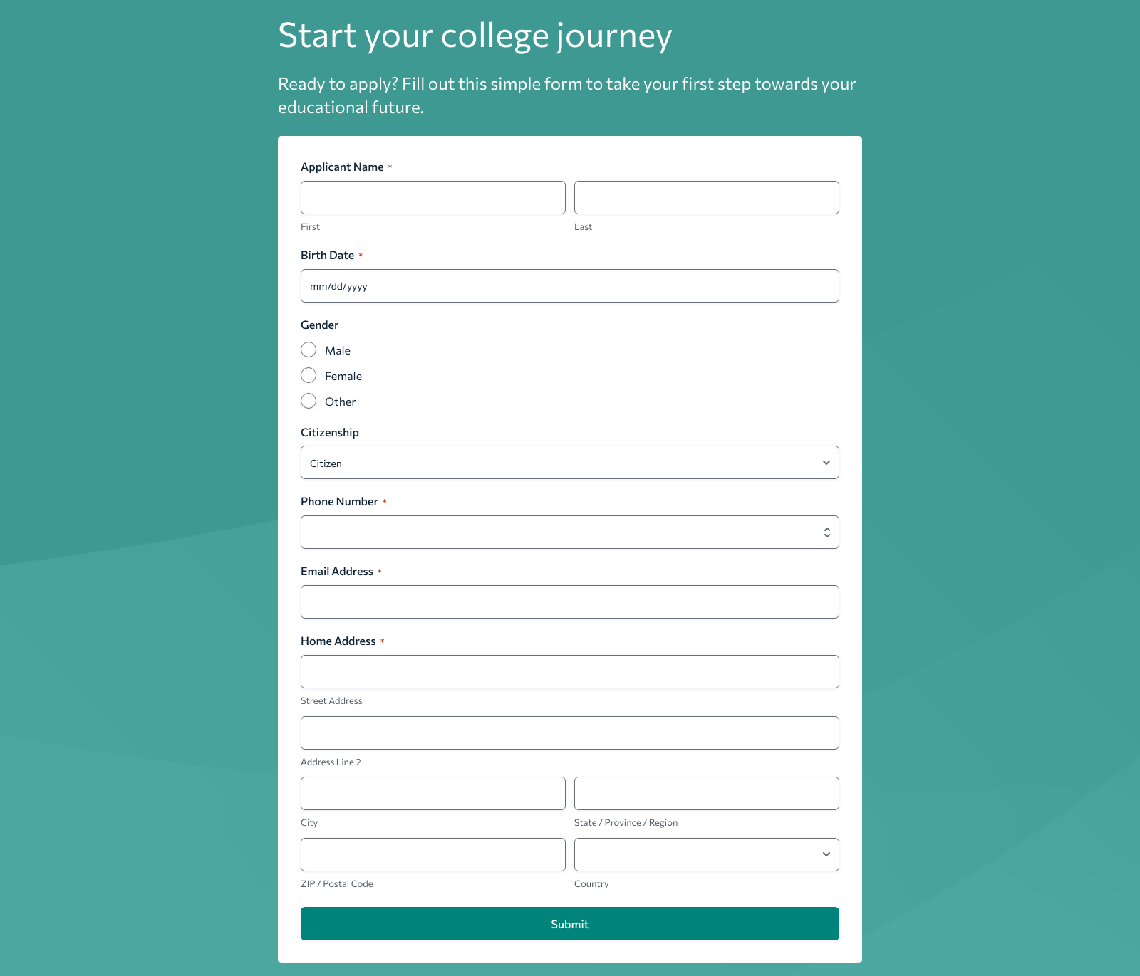 College Admission Form Template showing fields for student details, contact info, and submission button.