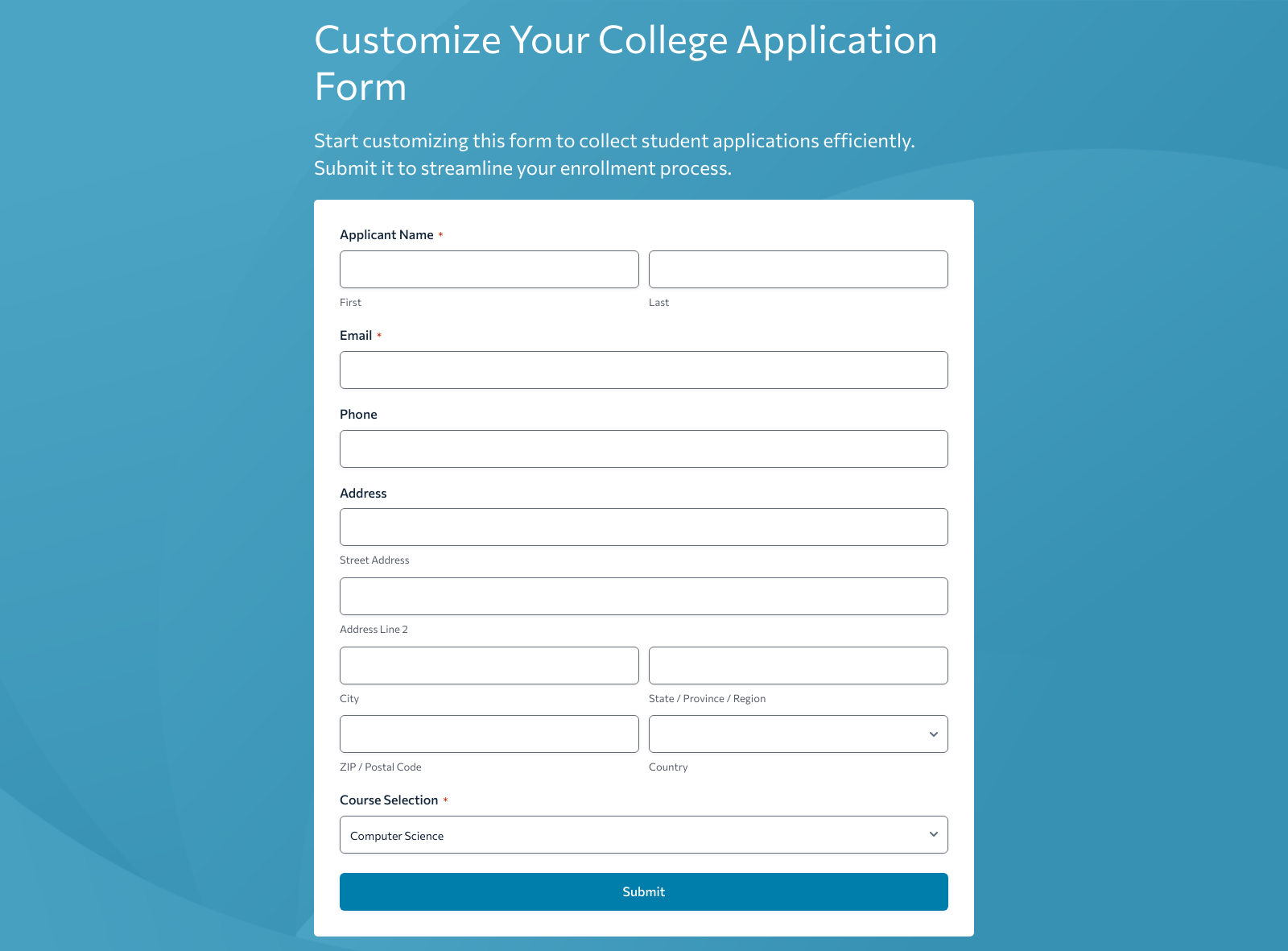 College Application Form Template with fields for student information and submit button.