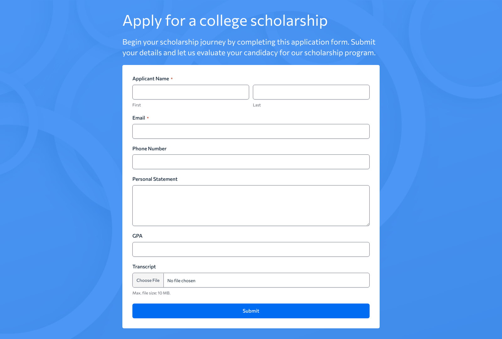 College Scholarship Application Form Template with fields for student details and scholarship info.
