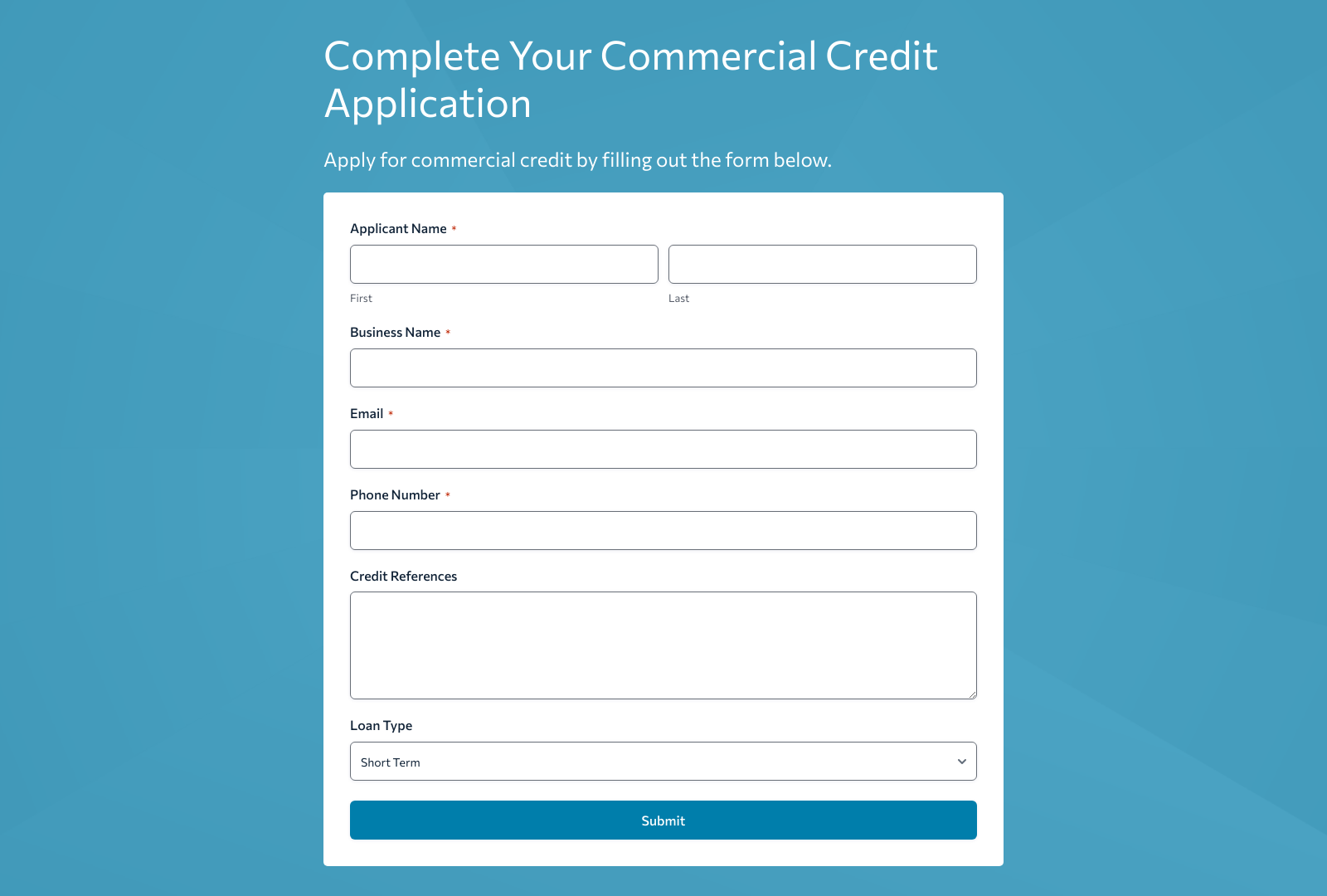 Screenshot of Commercial Credit Application Form Template with fields for company info, credit details, and submit button.