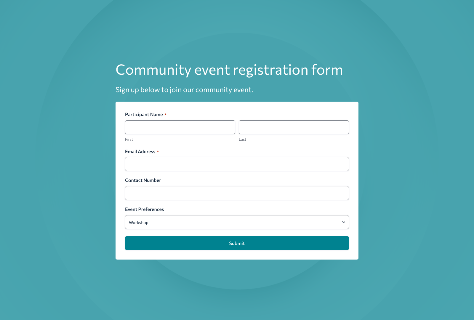 Community Event Registration Form Template showing fields for attendee details and a submit button.