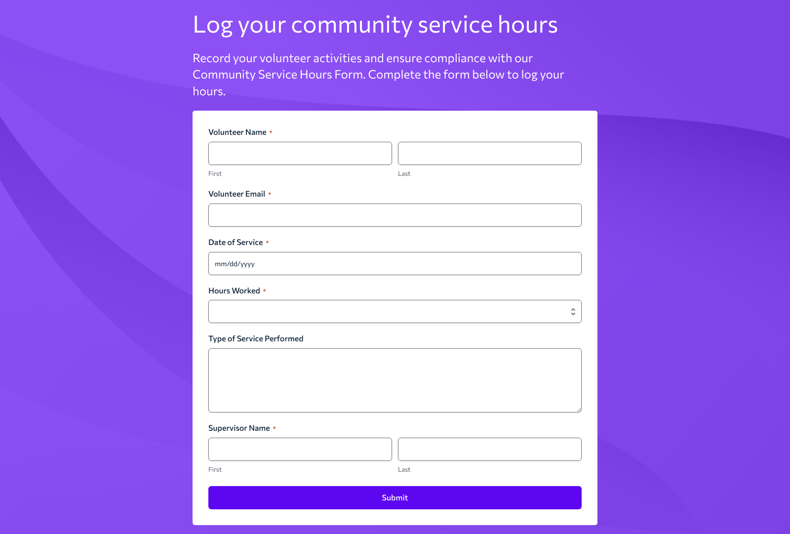 Community Service Hours Form Template with fields for service type, hours, supervisor signature.