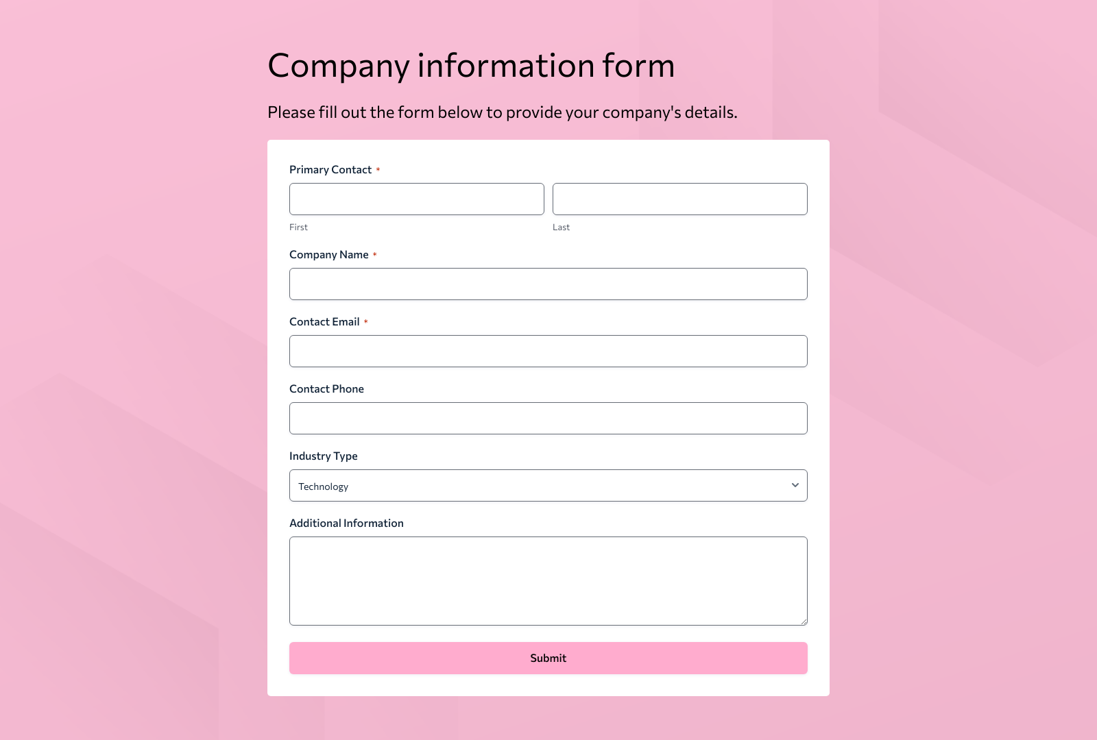 Company Information Form Template screenshot showing fields for company name, address, and contact details.