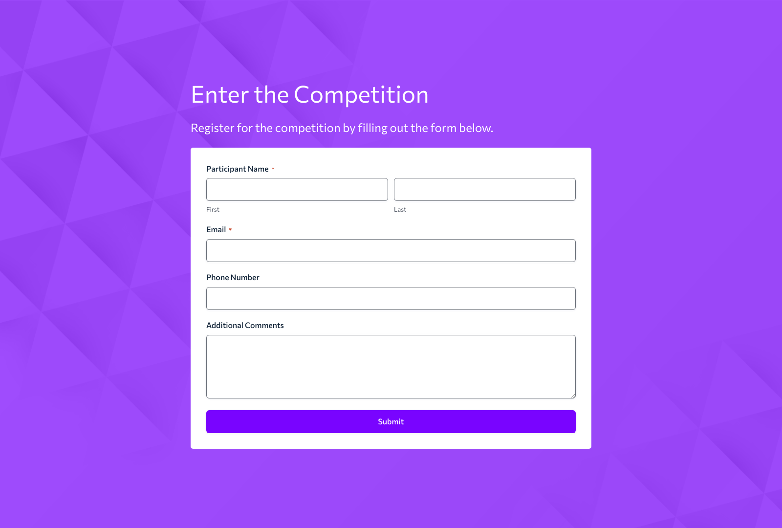 Competition Registration Form Template showing fields for participant details and submission buttons.
