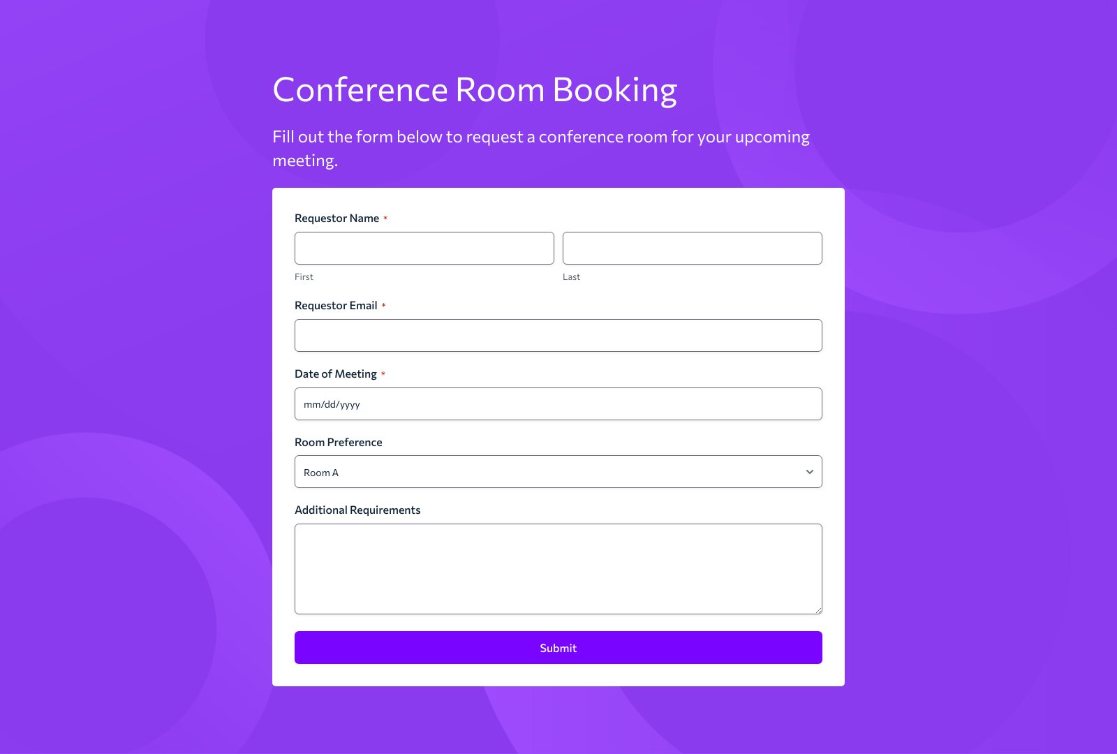 Conference Room Request Form Template showing input fields, submit button, and layout for booking requests.
