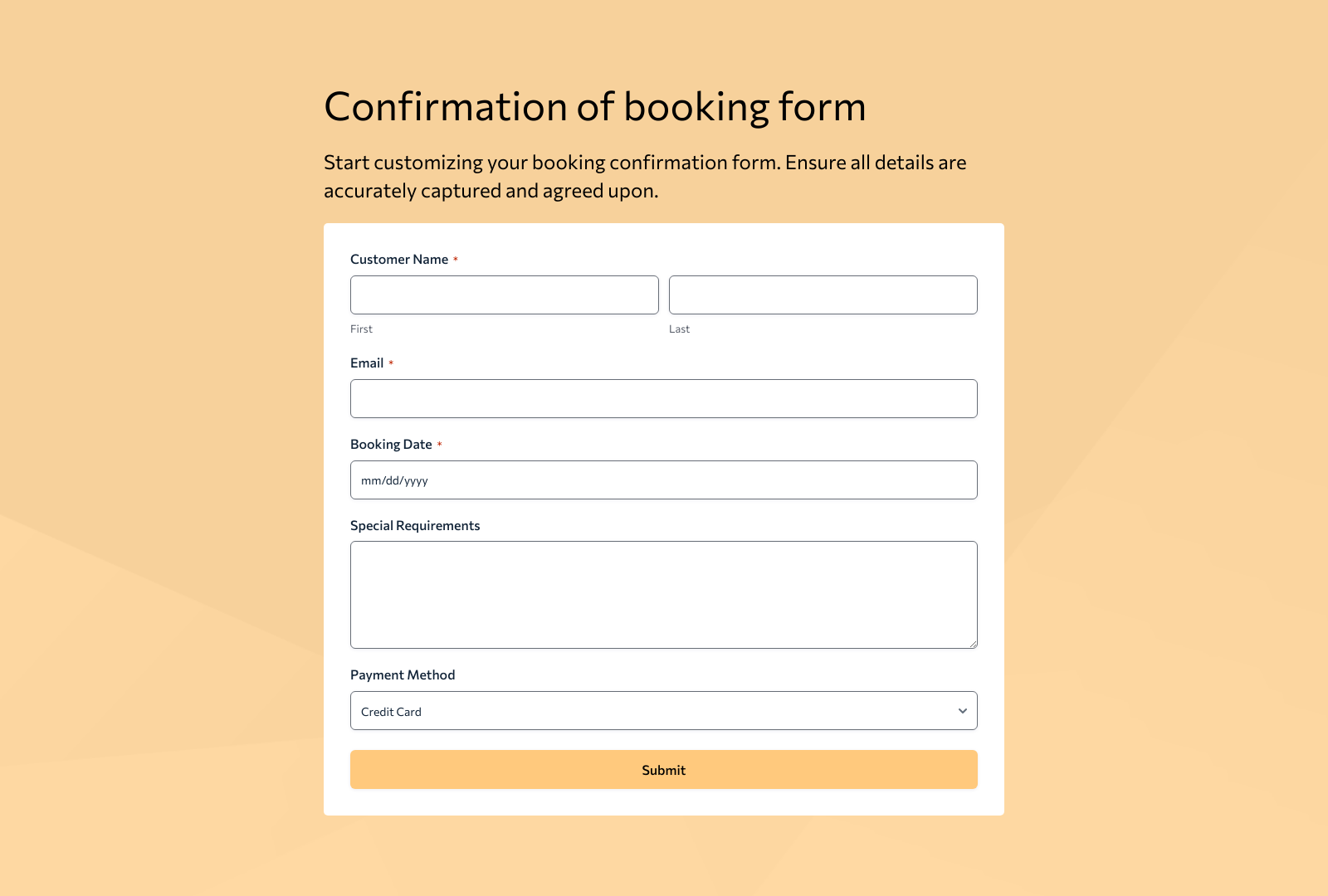 Confirmation Of Booking Form Template with customizable fields and buttons for booking details.