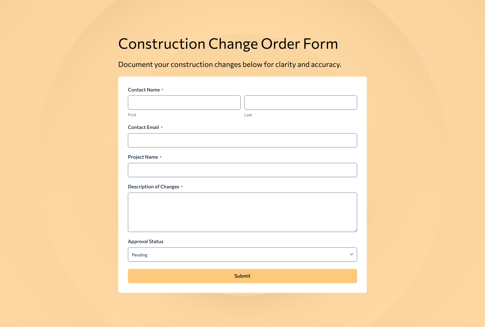 Construction Change Order Form Template with fields for project details, changes, and approval.