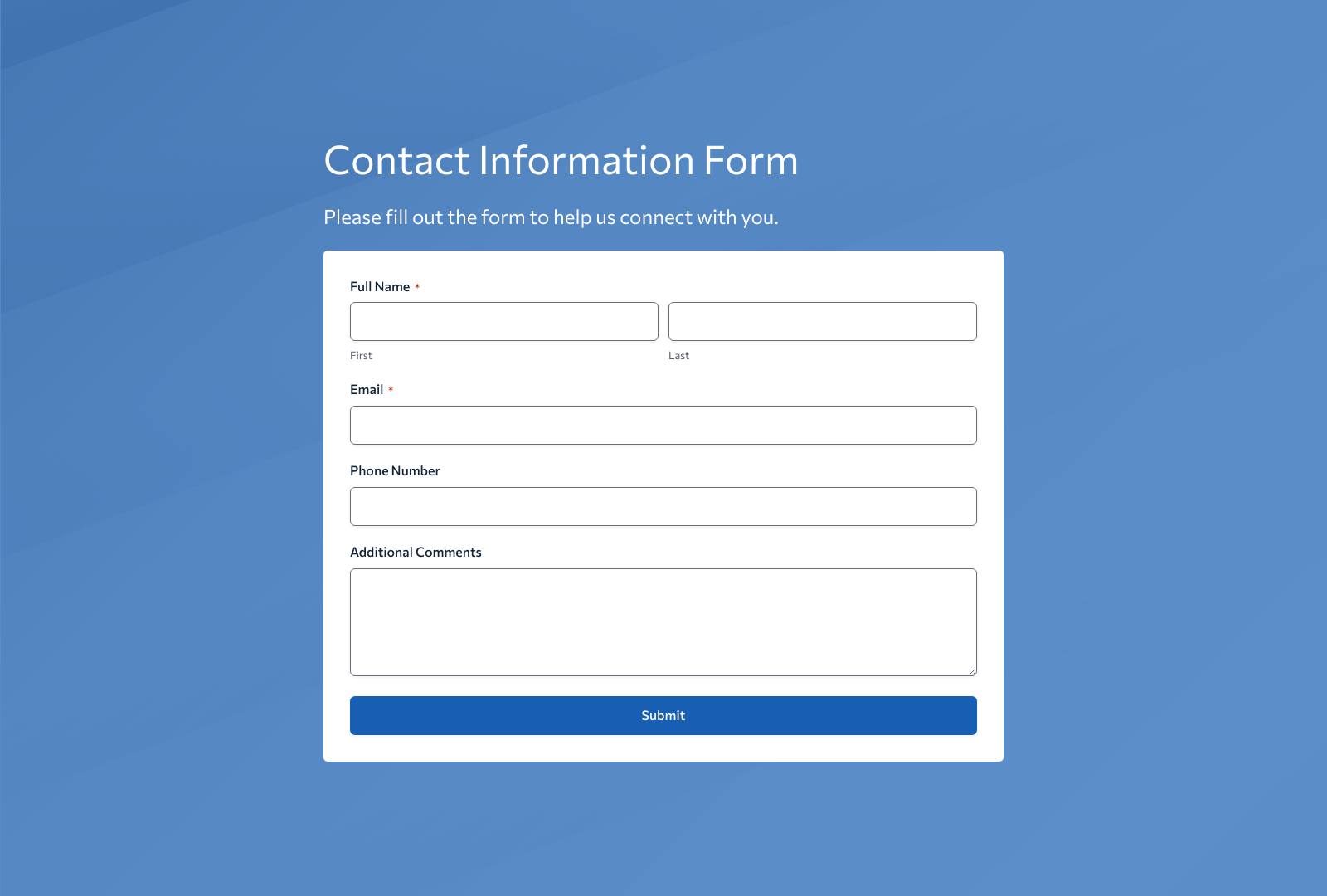 Contact Information Form Template displaying fields for name, email, phone, and a submit button.