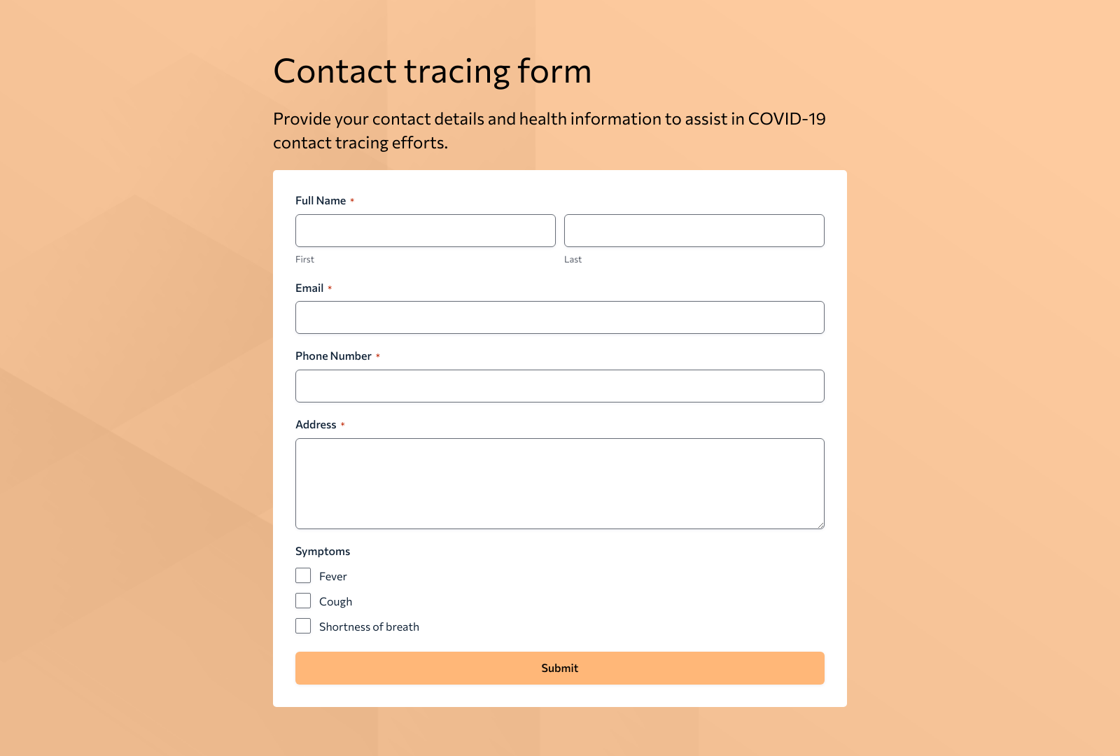 Contact Tracing Form Template with fields for name, address, and contact details, plus a submit button.