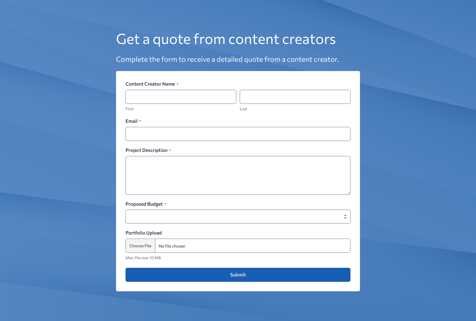 Content Creator Quote Form Template showing input fields and a submit button.