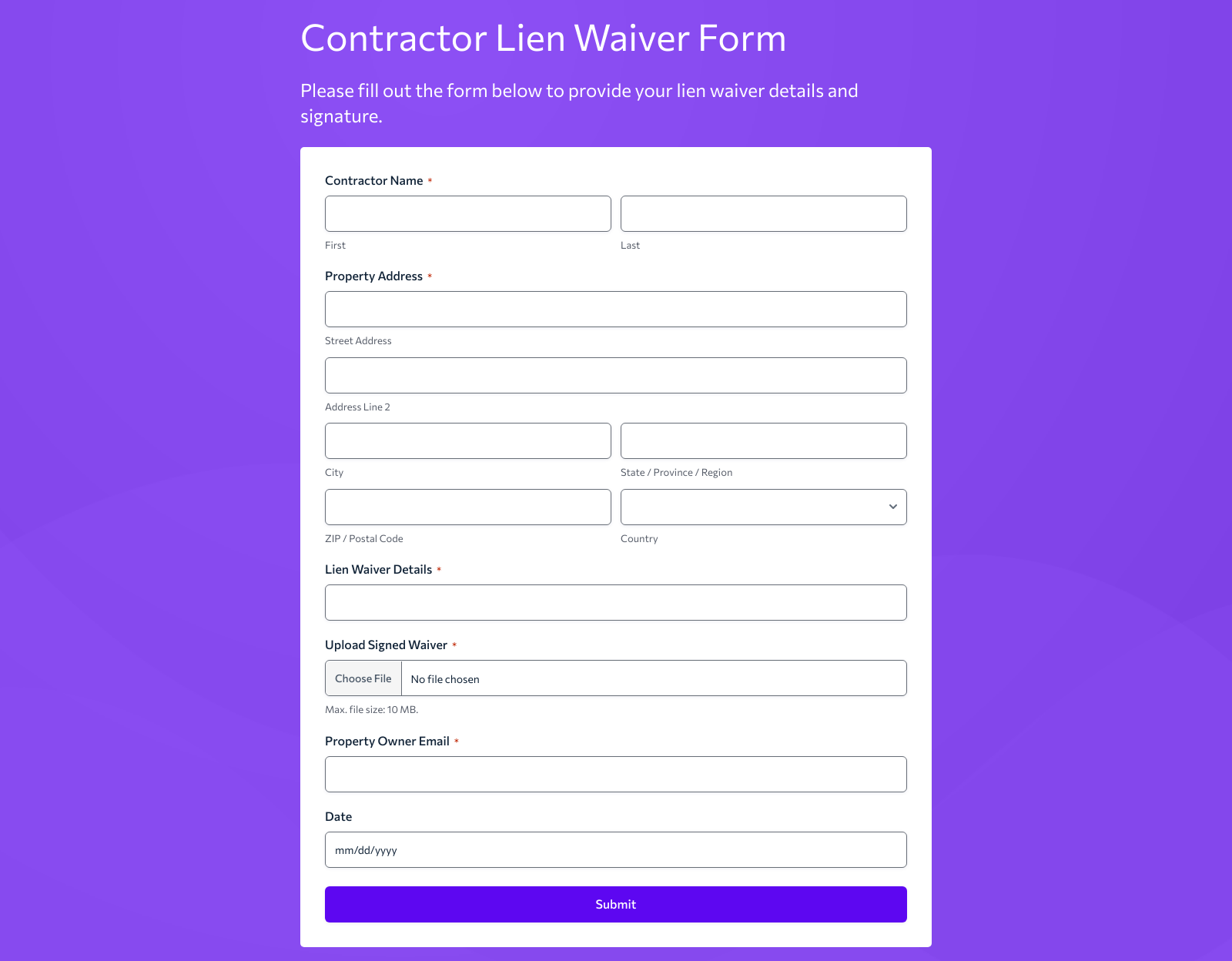 Contractor Lien Waiver Form Template showing fields for contractor details and lien waiver terms.