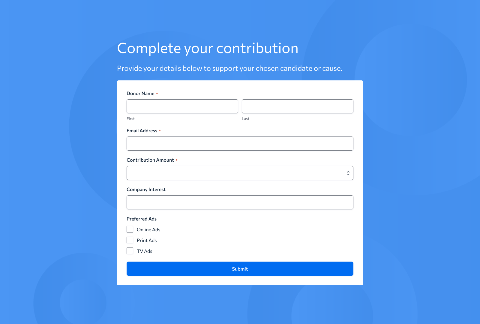 Contribution Form Template showing fields, buttons, and layout for political donations compliance.