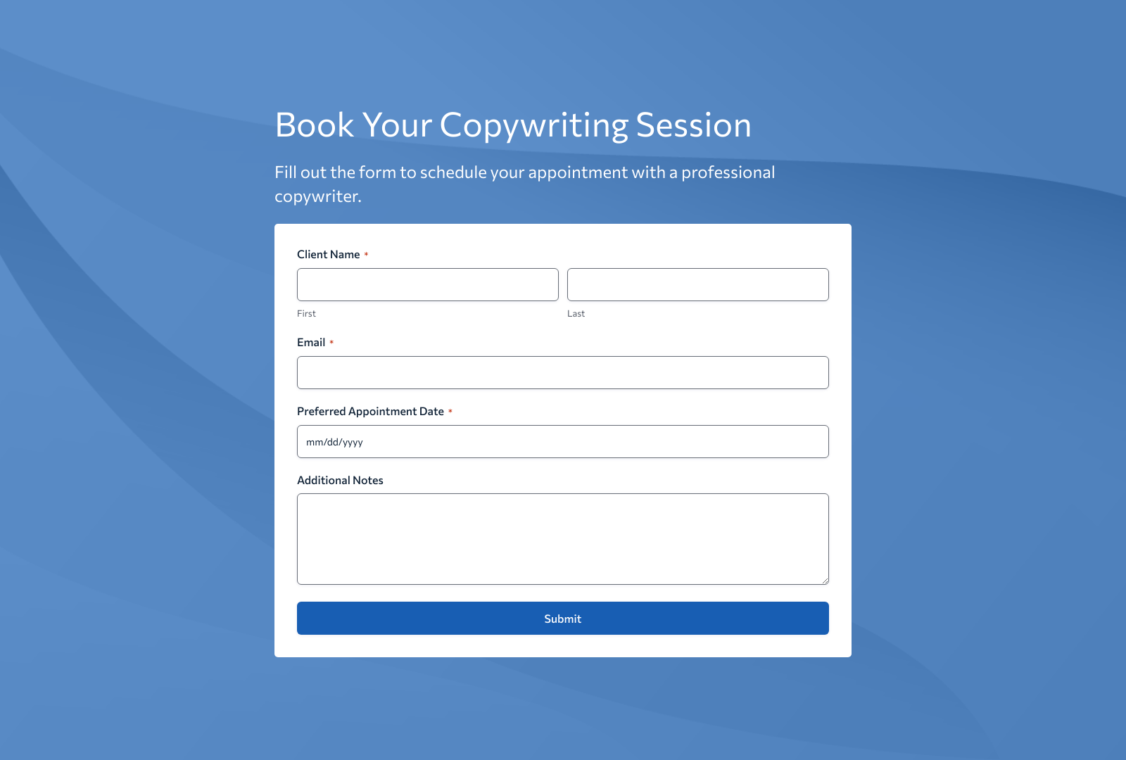 Copywriter Appointment Booking Form Template featuring fields for client info and scheduling, with submit button.