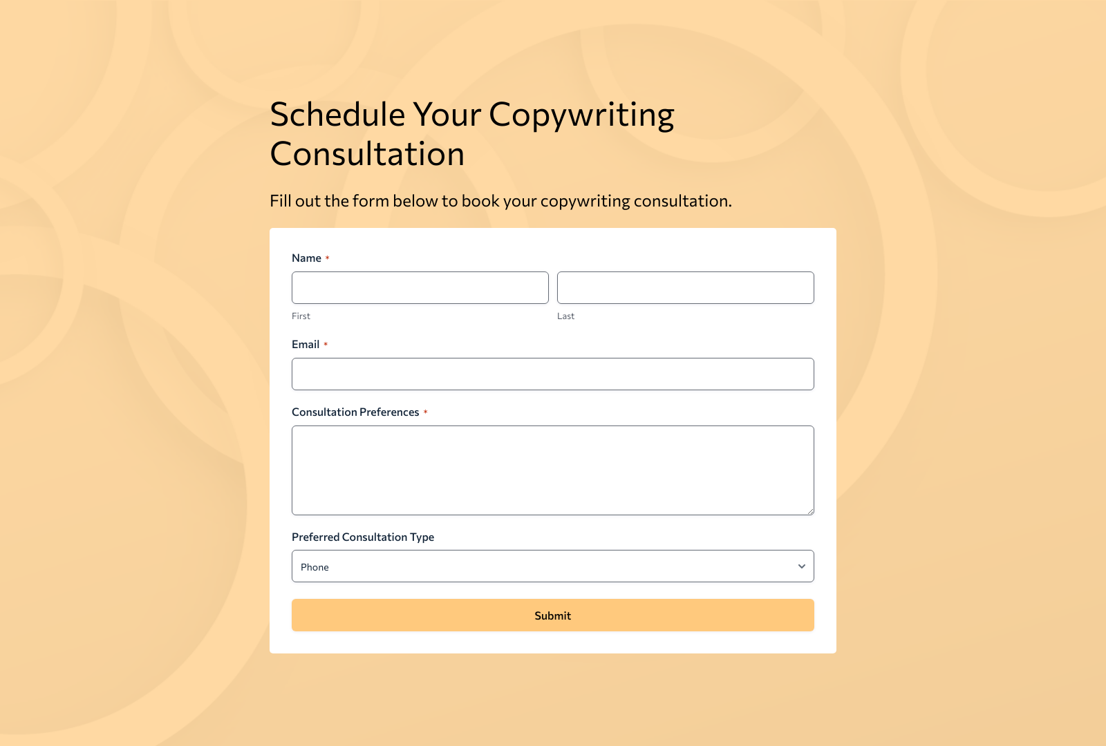 Copywriting Consultation Form Template with fields for name, email, and consultation details.