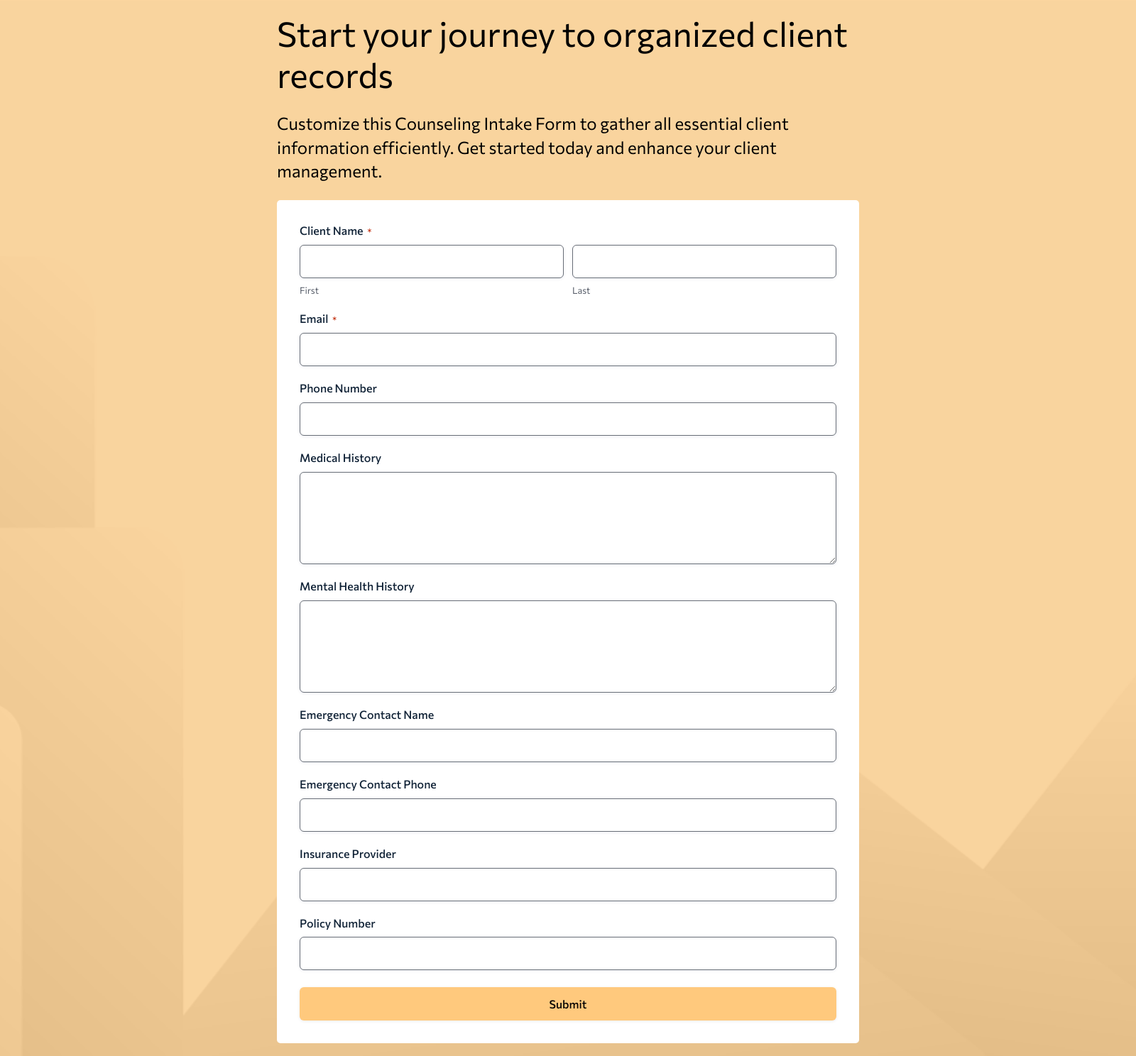 Screenshot of Counseling Intake Form Template with fields for client details and submit button.