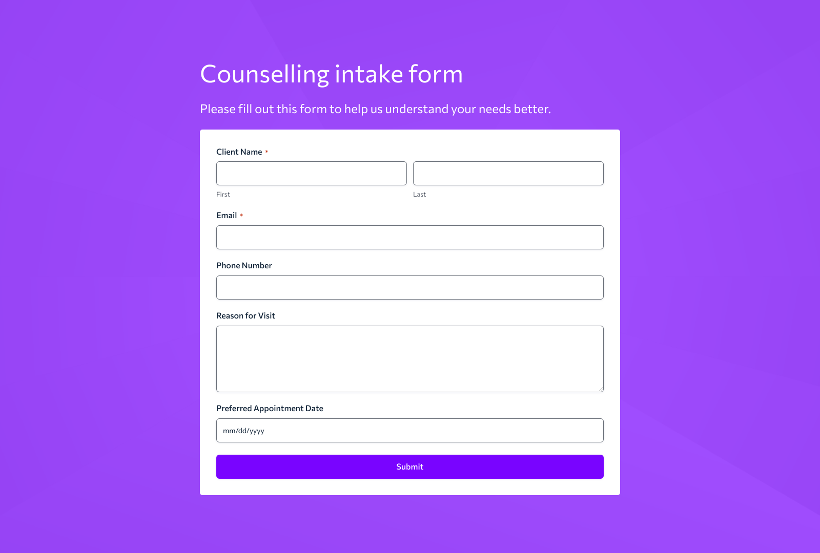 Counselling Intake Form Template screenshot with fields for client details and session planning.
