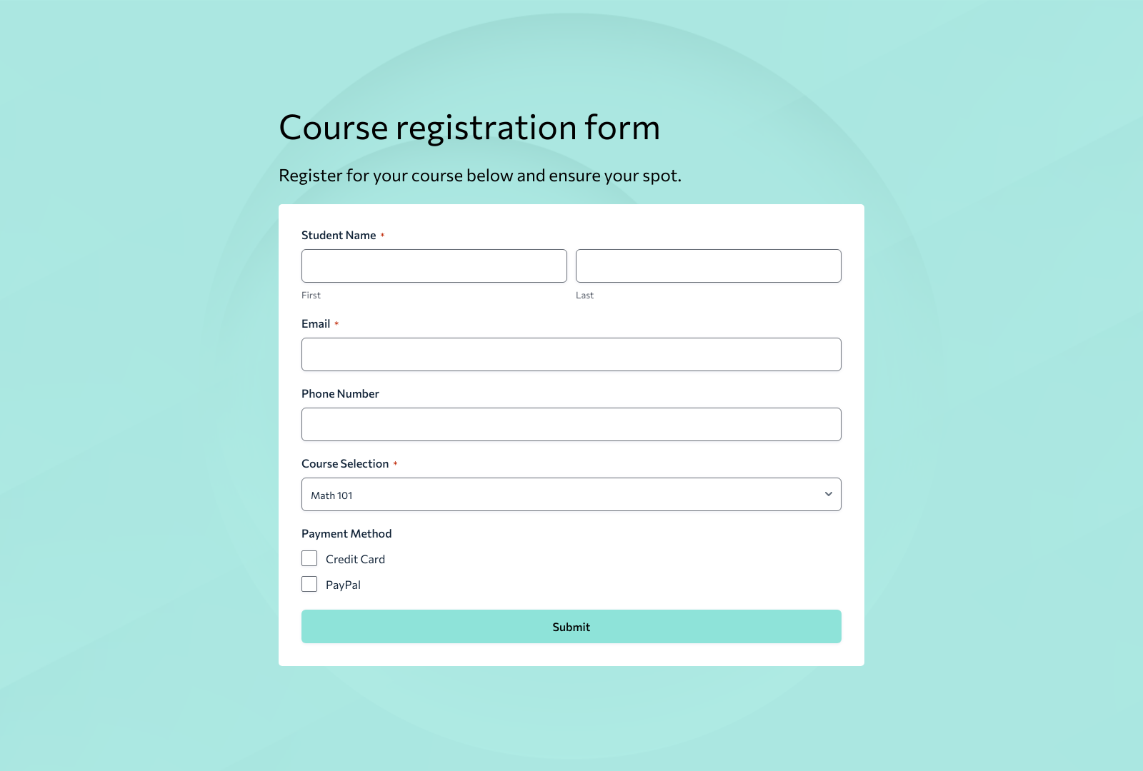 Course Registration Form Template displaying fields for student details and course selection with submit button.