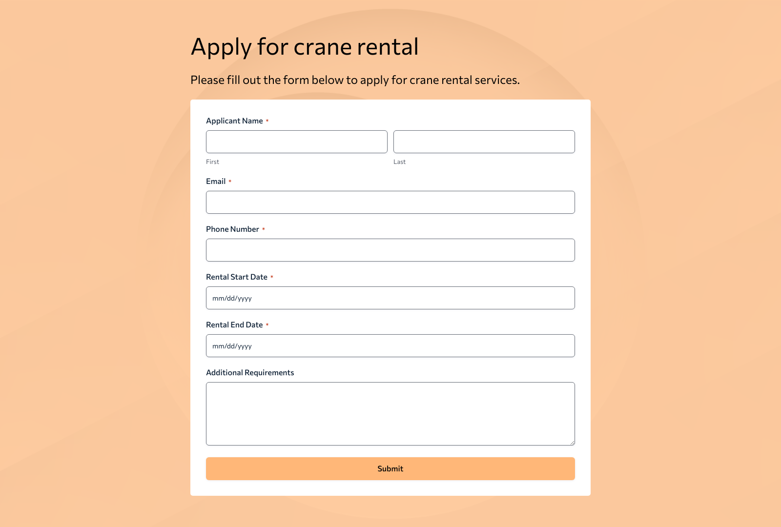 Crane Rental Application Form Template with input fields for applicant details and submission button for rentals.