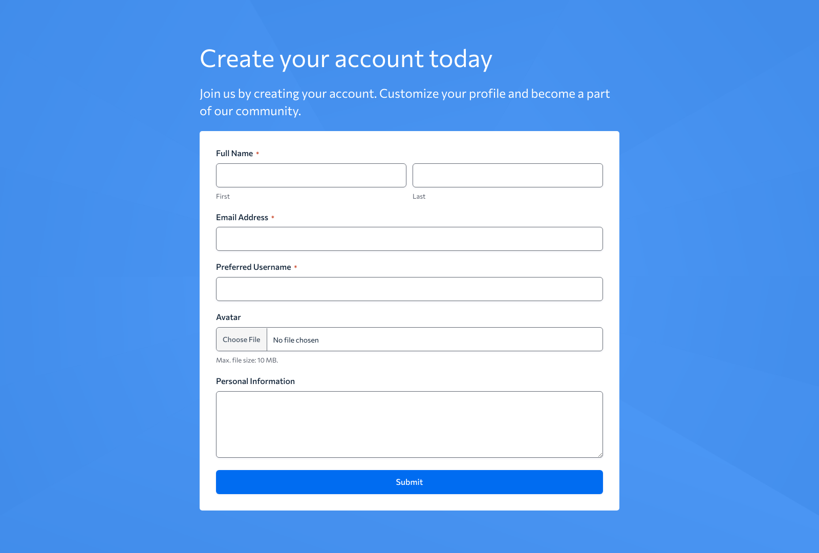Create Account Form Template with fields for user details, submit button, and customizable layout.