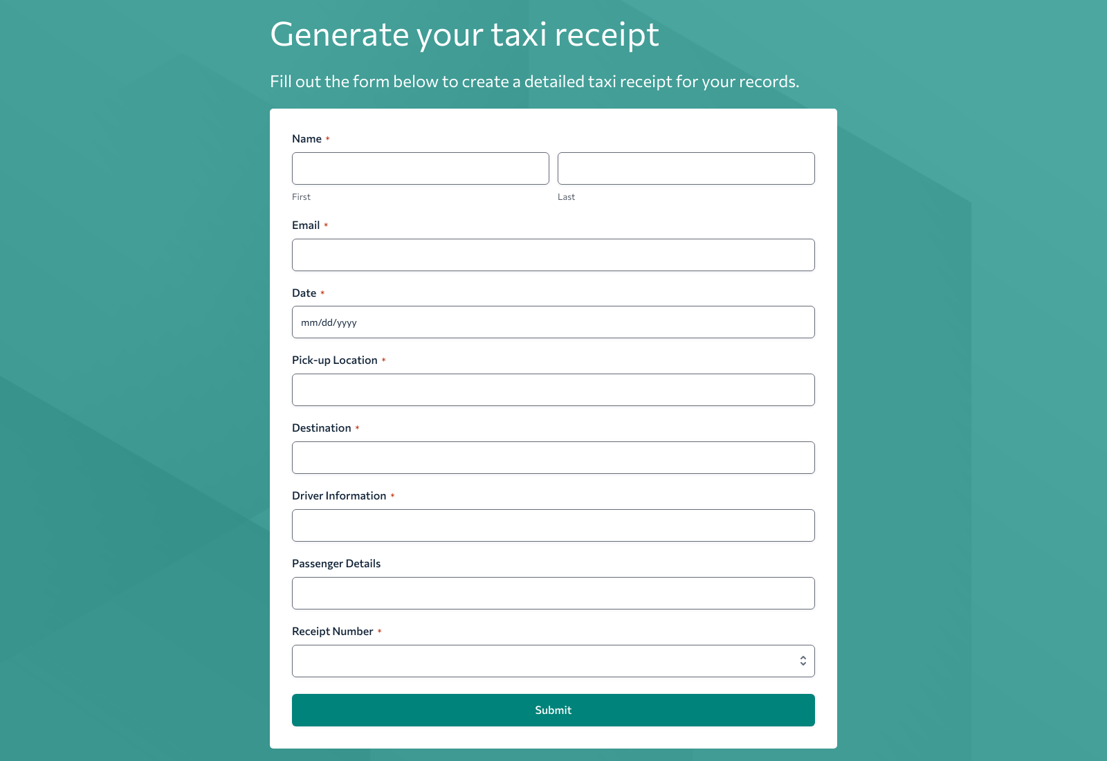 Create Taxi Receipts Form Template with fields for date, time, pick-up, destination, and driver details.