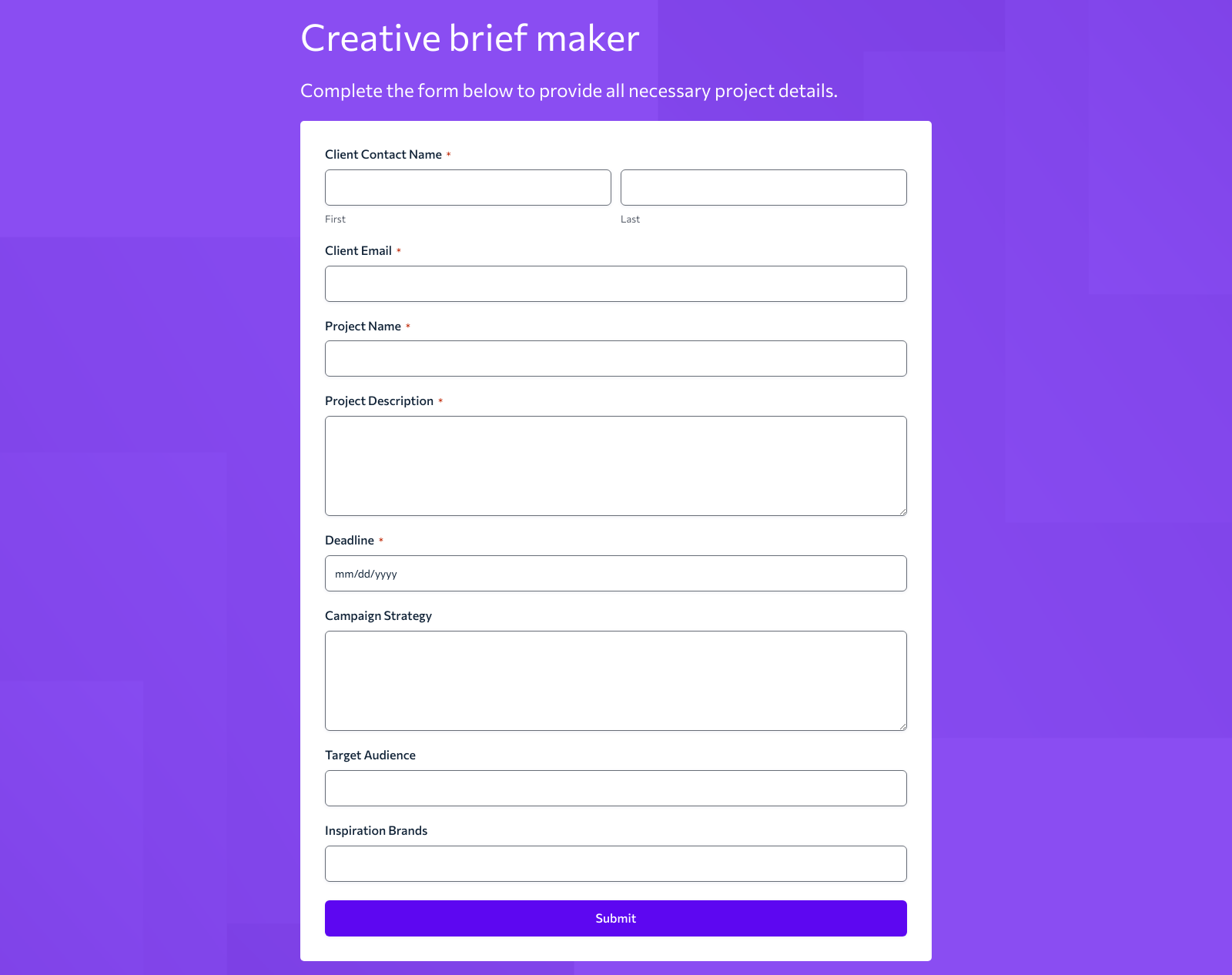 Creative Brief Maker Template showing fields for deliverables, strategy, and deadlines with submit button.