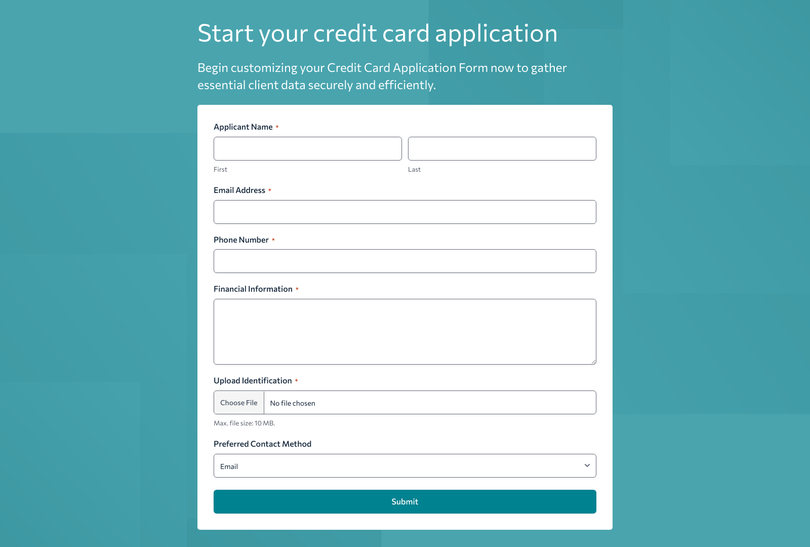 Credit Card Application Form Template with fields for personal details, card type, and submit button.