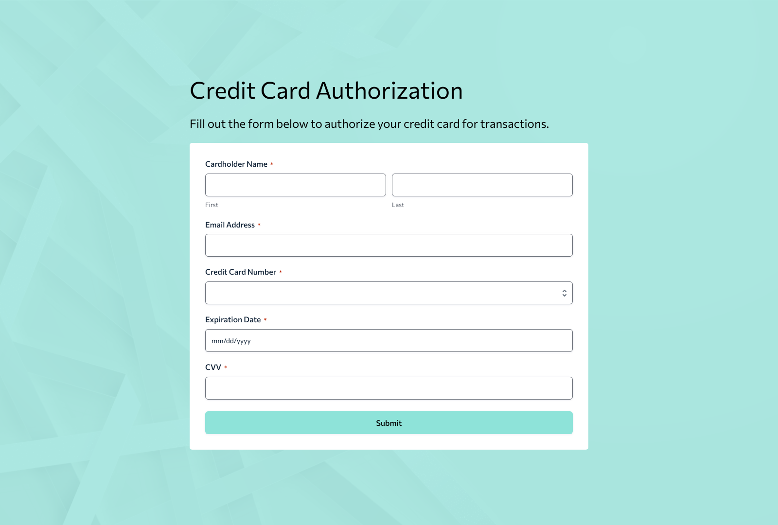 Credit Card Authorization Form Template with fields for card details and authorization button.