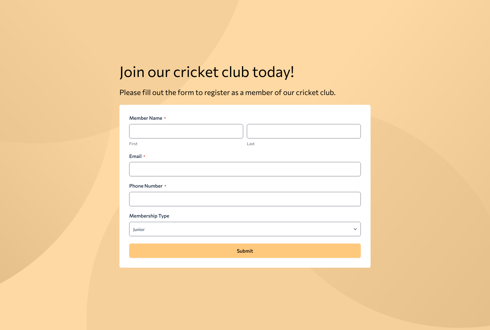 Cricket Club Member Registration Form Template with fields for member details and submit button.