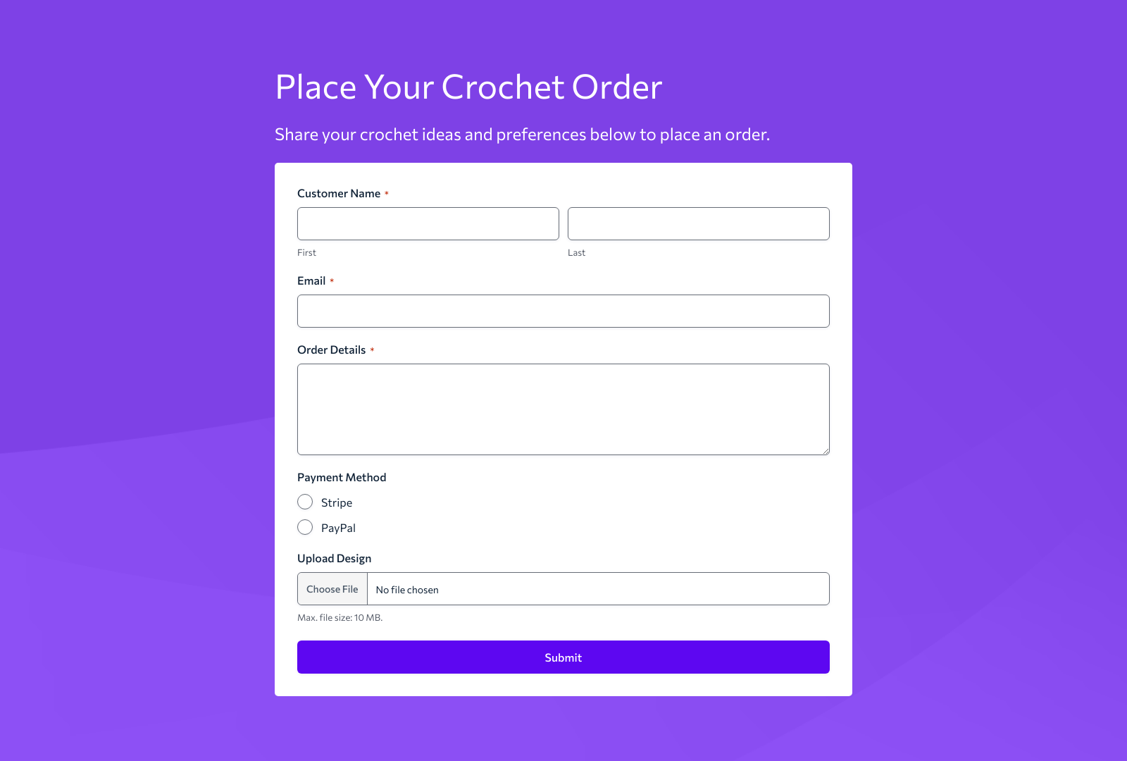 Screenshot of a Crochet Order Form Template with customizable fields and buttons for managing crochet orders.