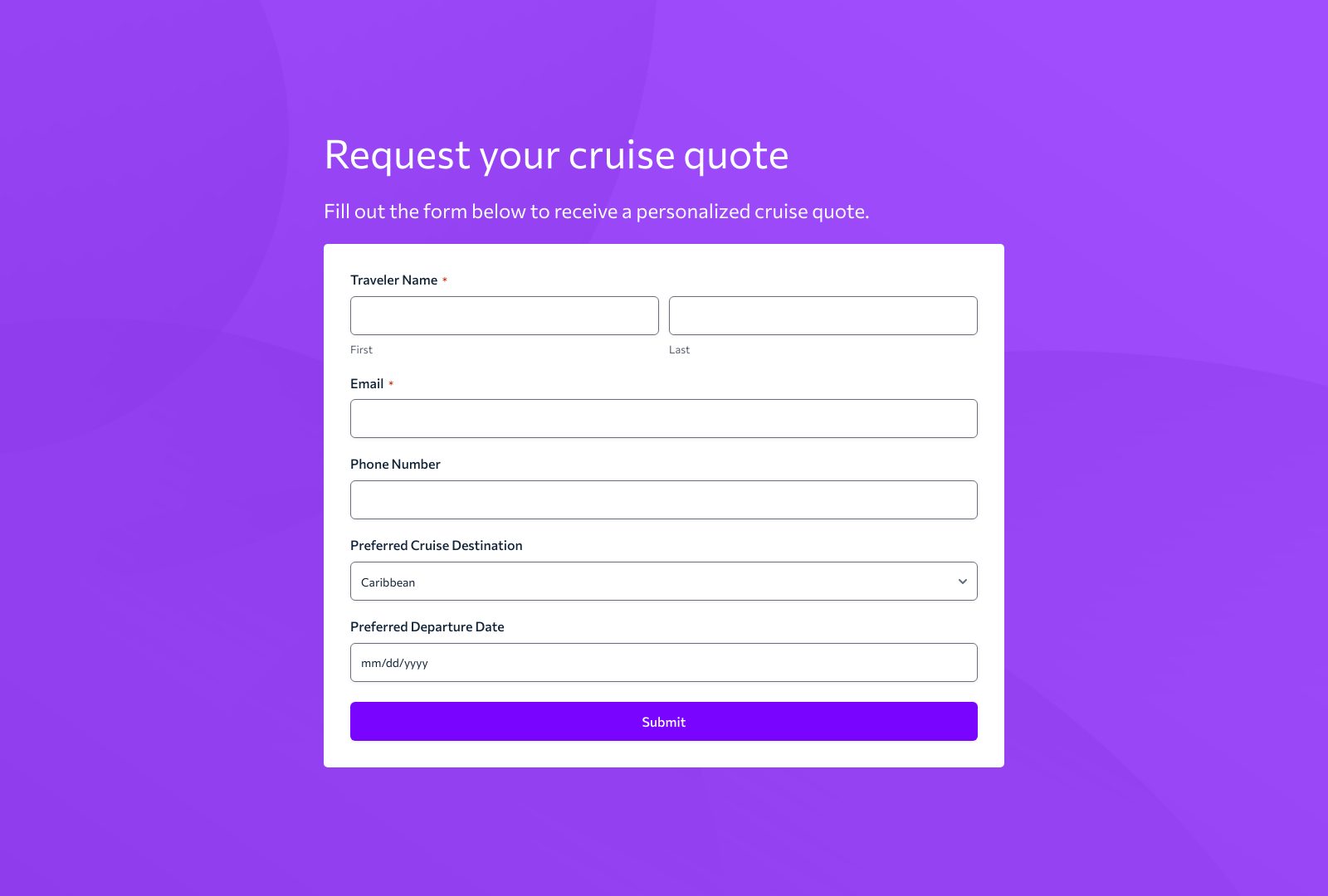 Cruise Quote Form Template with fields for name, contact, destination, and travel dates.
