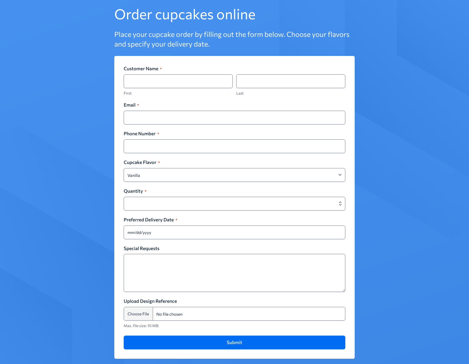 Cupcake Order Form Template with fields for flavor selection, quantity, and payment options.