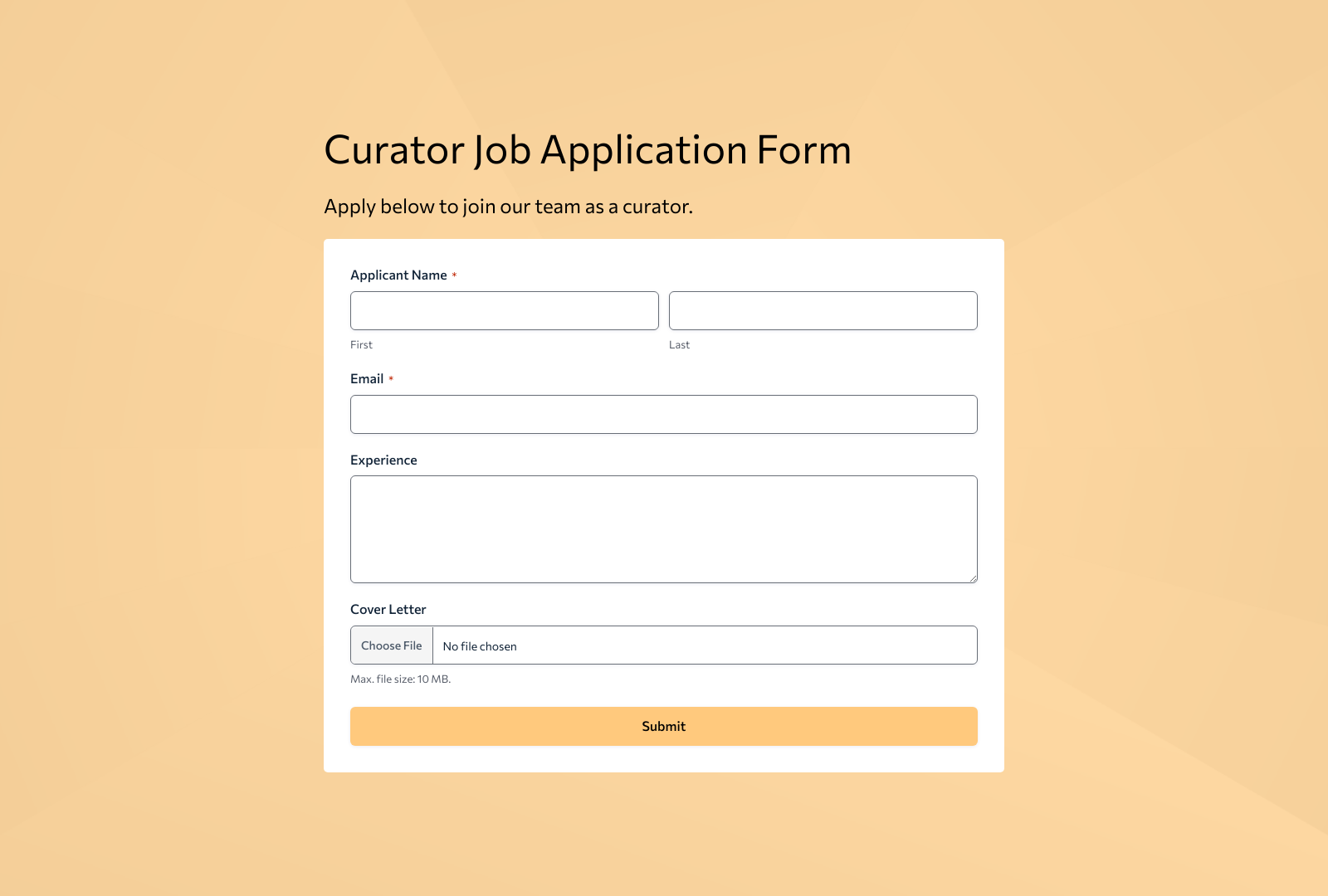Curator Job Application Form Template with fields for applicant details and submission button.