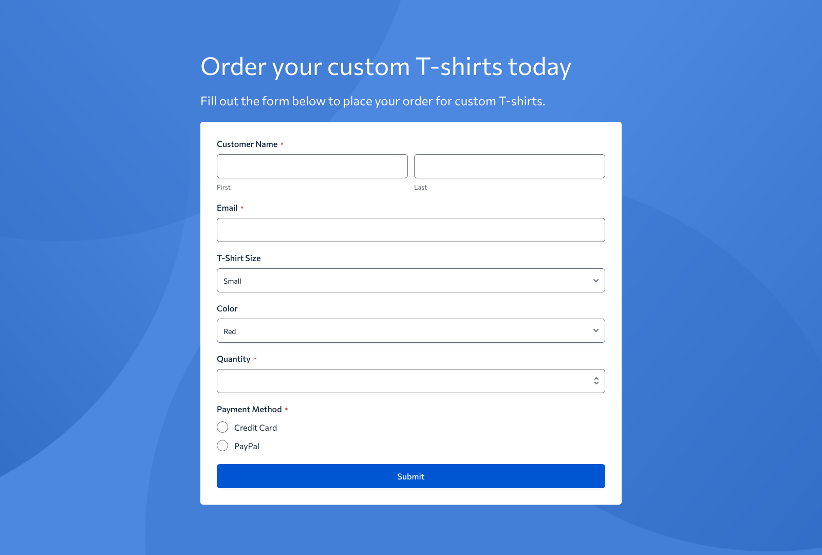 Custom T Shirt Order Form Template with fields for size, color, quantity, and payment options.