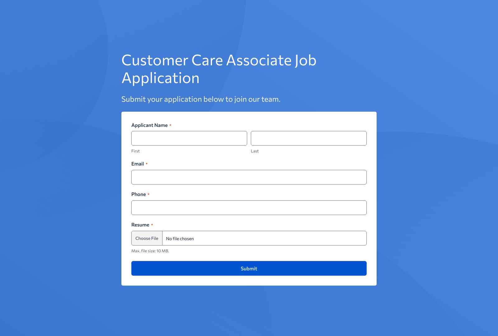 Customer Care Associate Job Application Form Template with fields for name, contact, experience, and submit button.