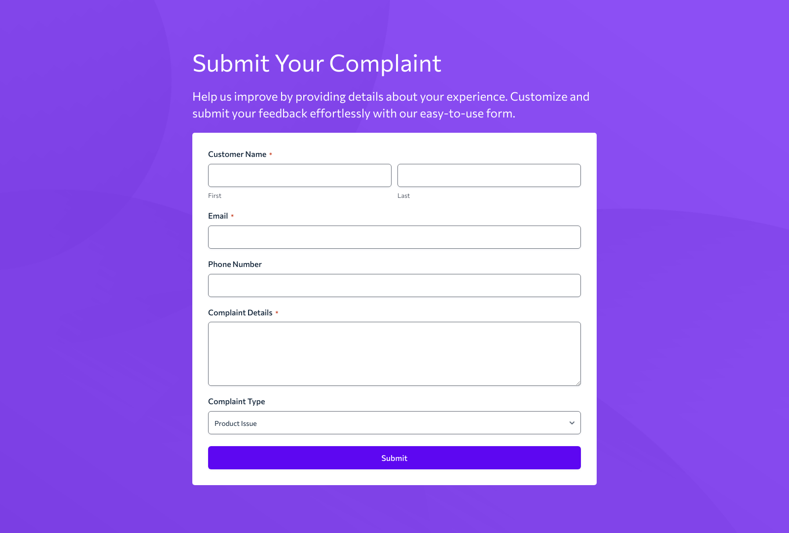 Customer Complaint Form Template featuring fields for name, email, complaint details, and submit button.