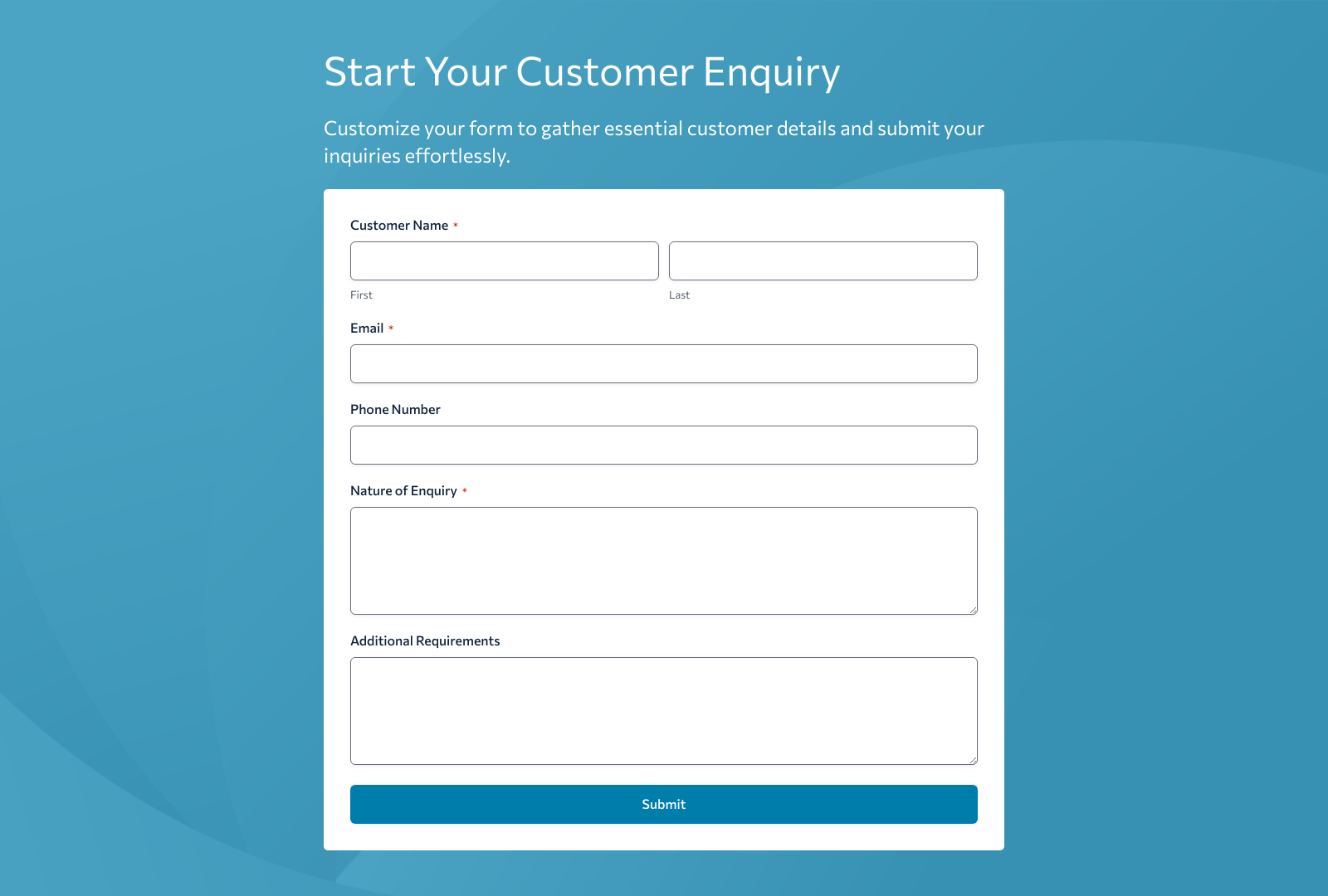 Customer Enquiry Form Template with fields for name, email, and message, plus a submit button.