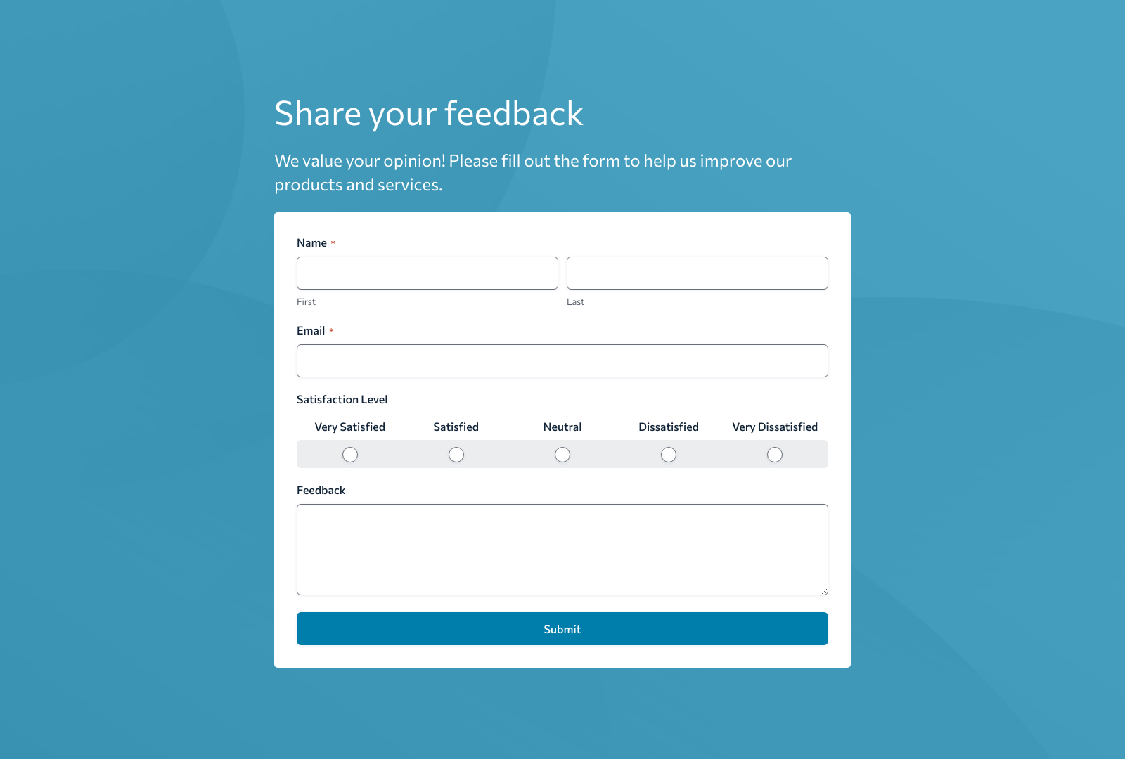 Customer Feedback Form Template with fields for name, email, and feedback, plus submit button.