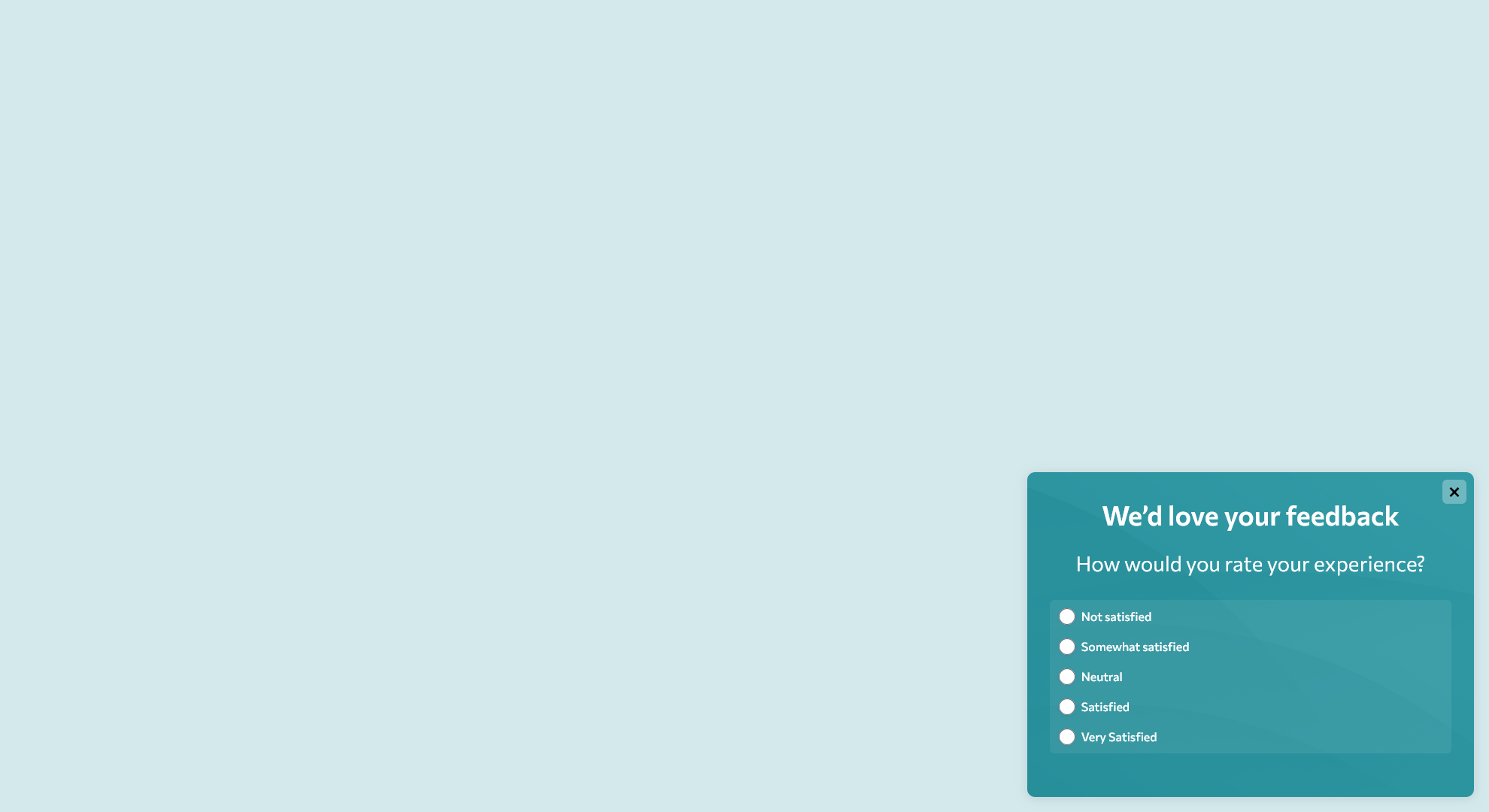 Customer Satisfaction Survey Popup Template with fields for feedback, buttons for submission.