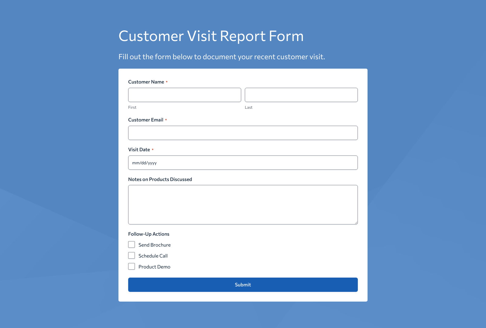 Customer Visit Report Form Template with fields for time tracking and product interaction notes.