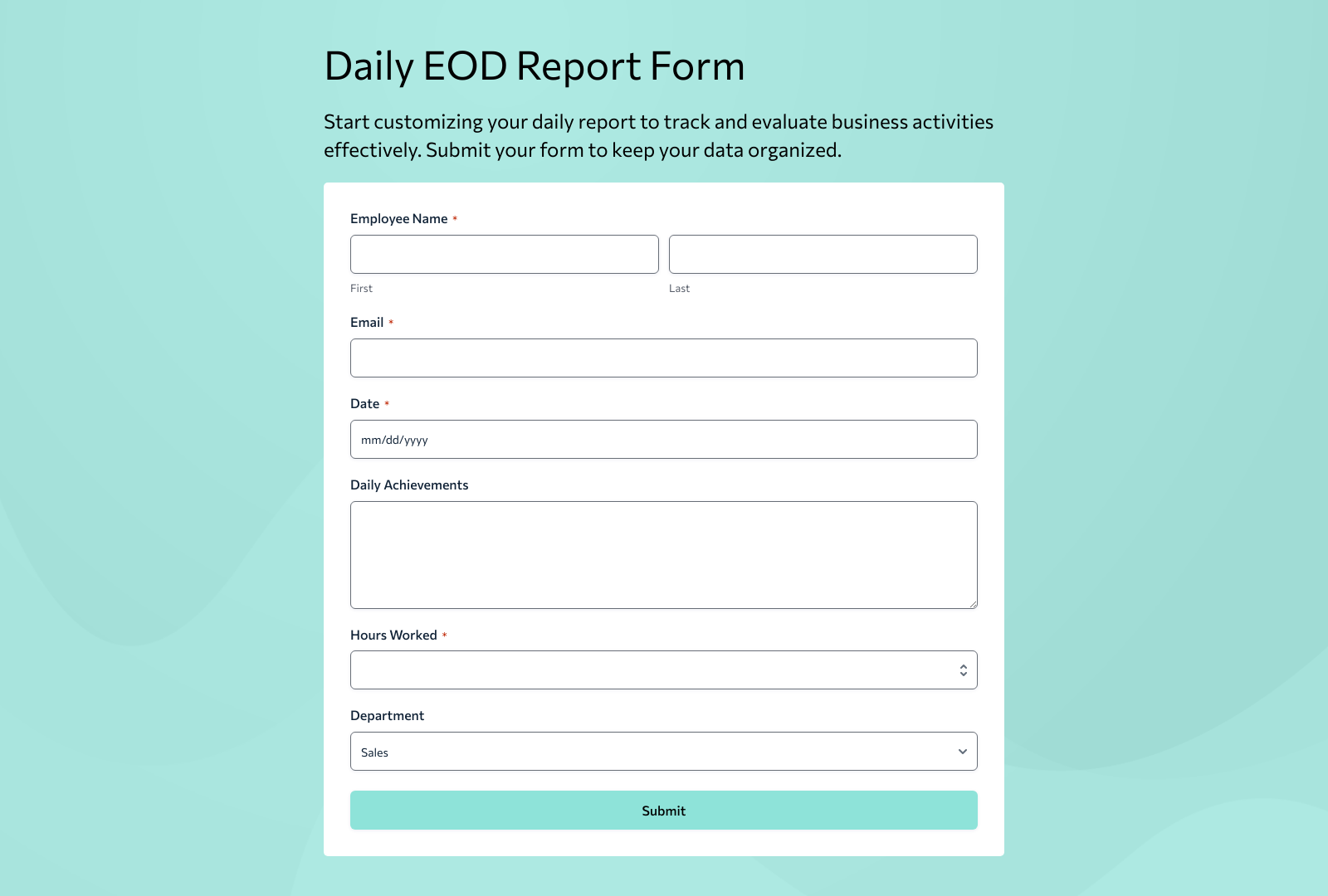Daily EOD Report Form Template with fields for activities, performance, and data input layout.