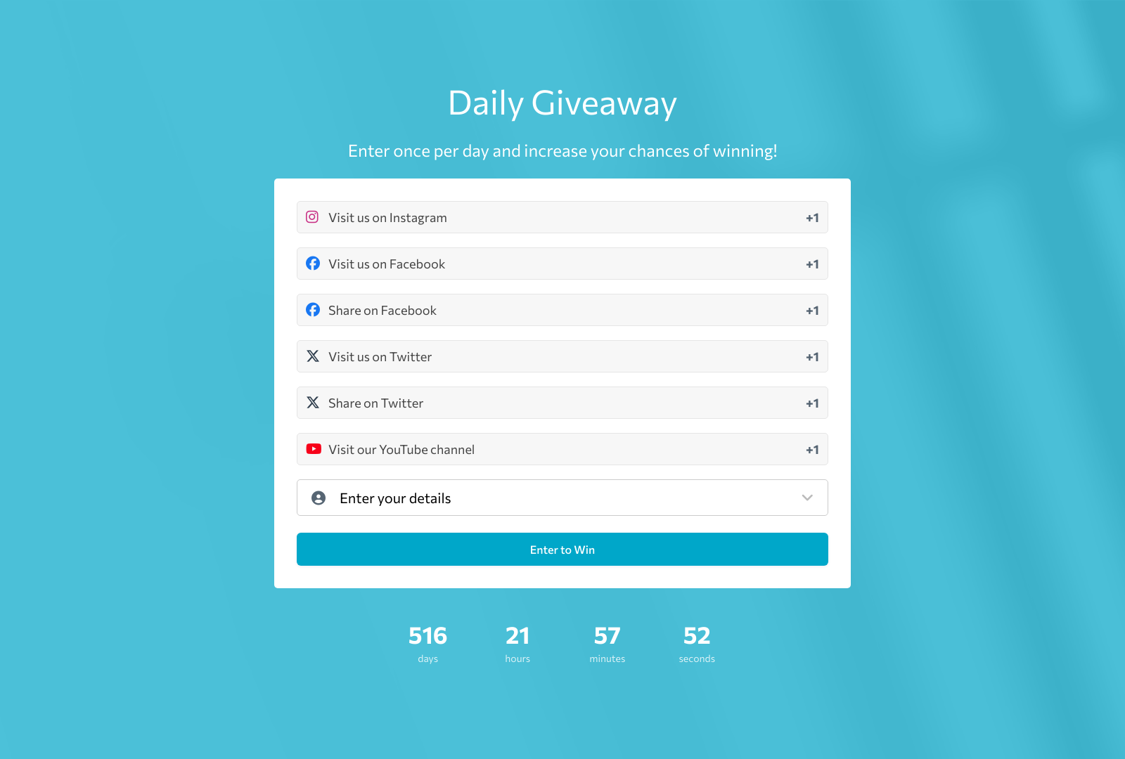 Daily Giveaway Template with entry fields, submit button, and daily entry prompt.
