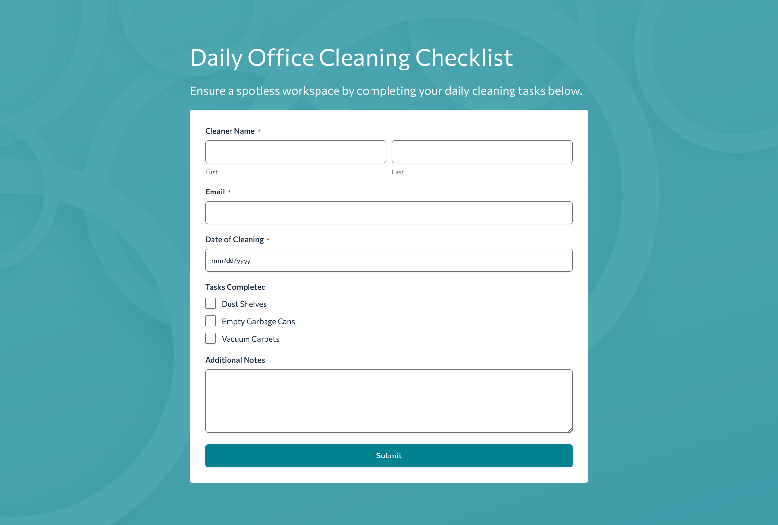 Daily Office Cleaning Checklist Form Template with fields for tasks, dates, and responsible staff.