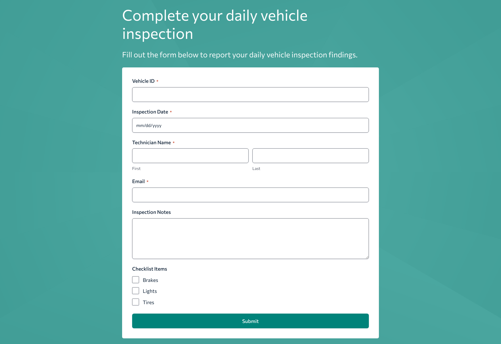 Screenshot of Daily Vehicle Inspection Report Form Template with fields for vehicle details and inspection checklist.