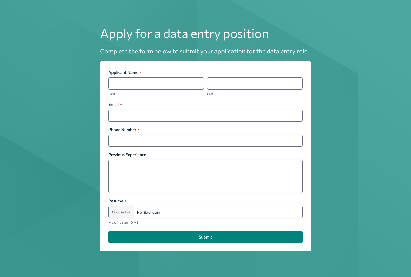Data Entry Job Application Form Template with fields for name, email, resume upload, and submit button.