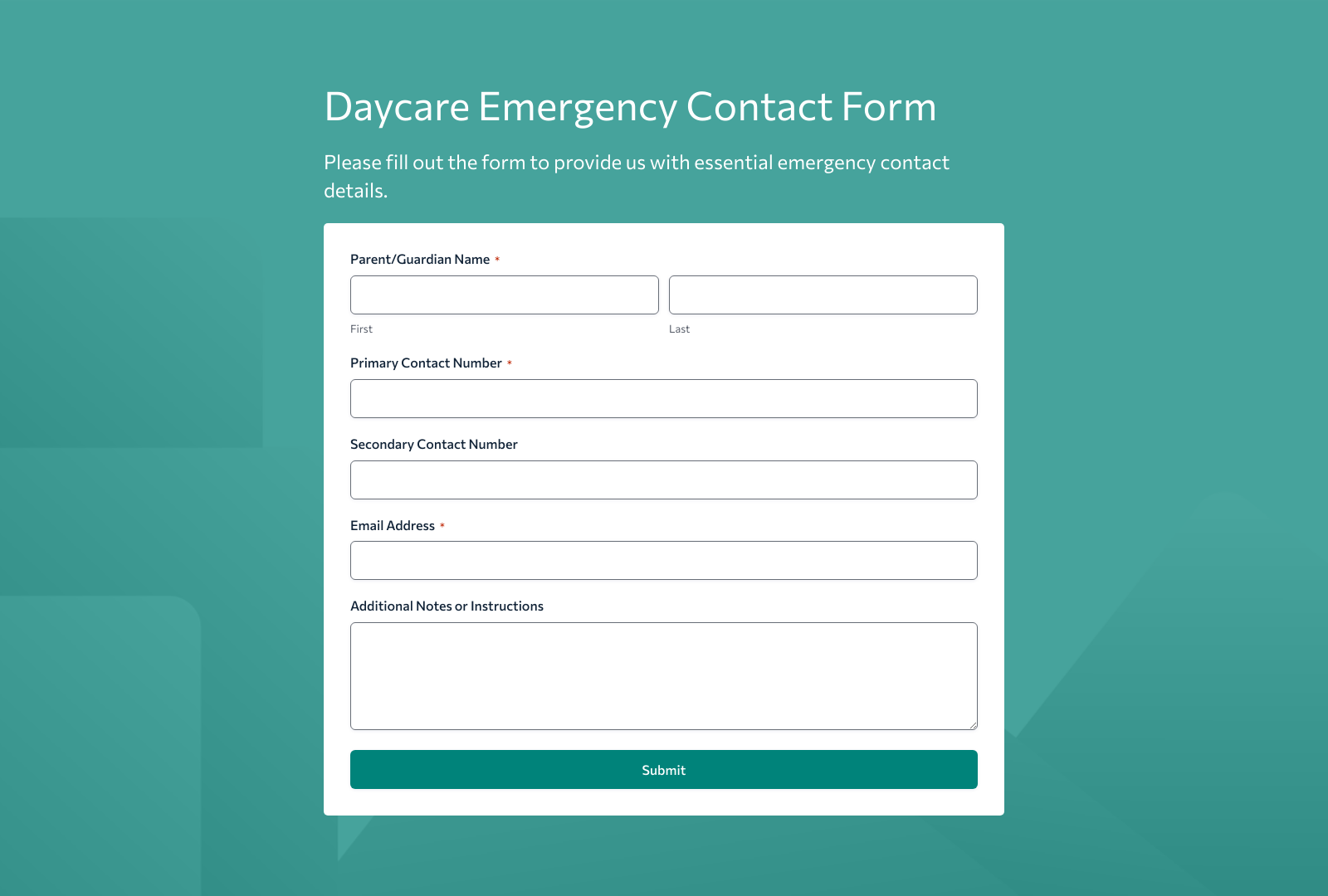 Daycare Emergency Contact Form Template layout with fields for names, phone numbers, and emergency contacts.