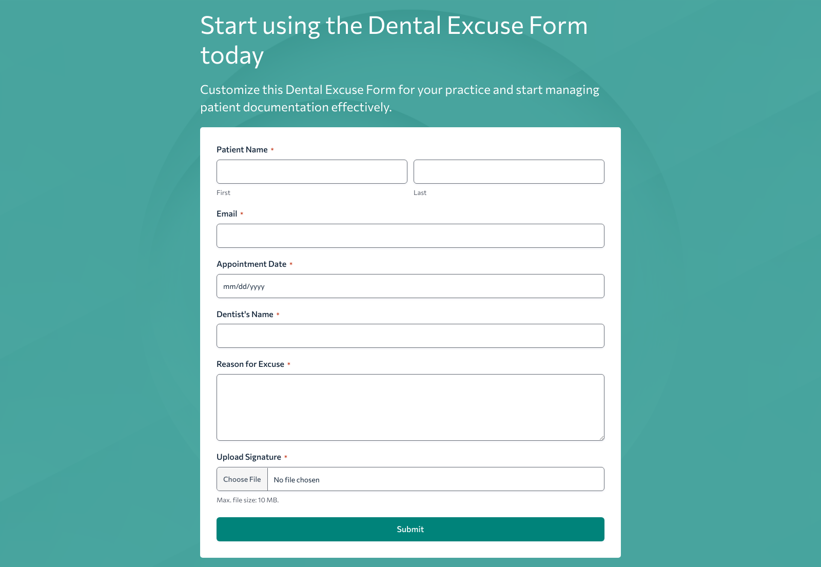Dental Excuse Form Template with fields for patient info, appointment date, and dentist signature.