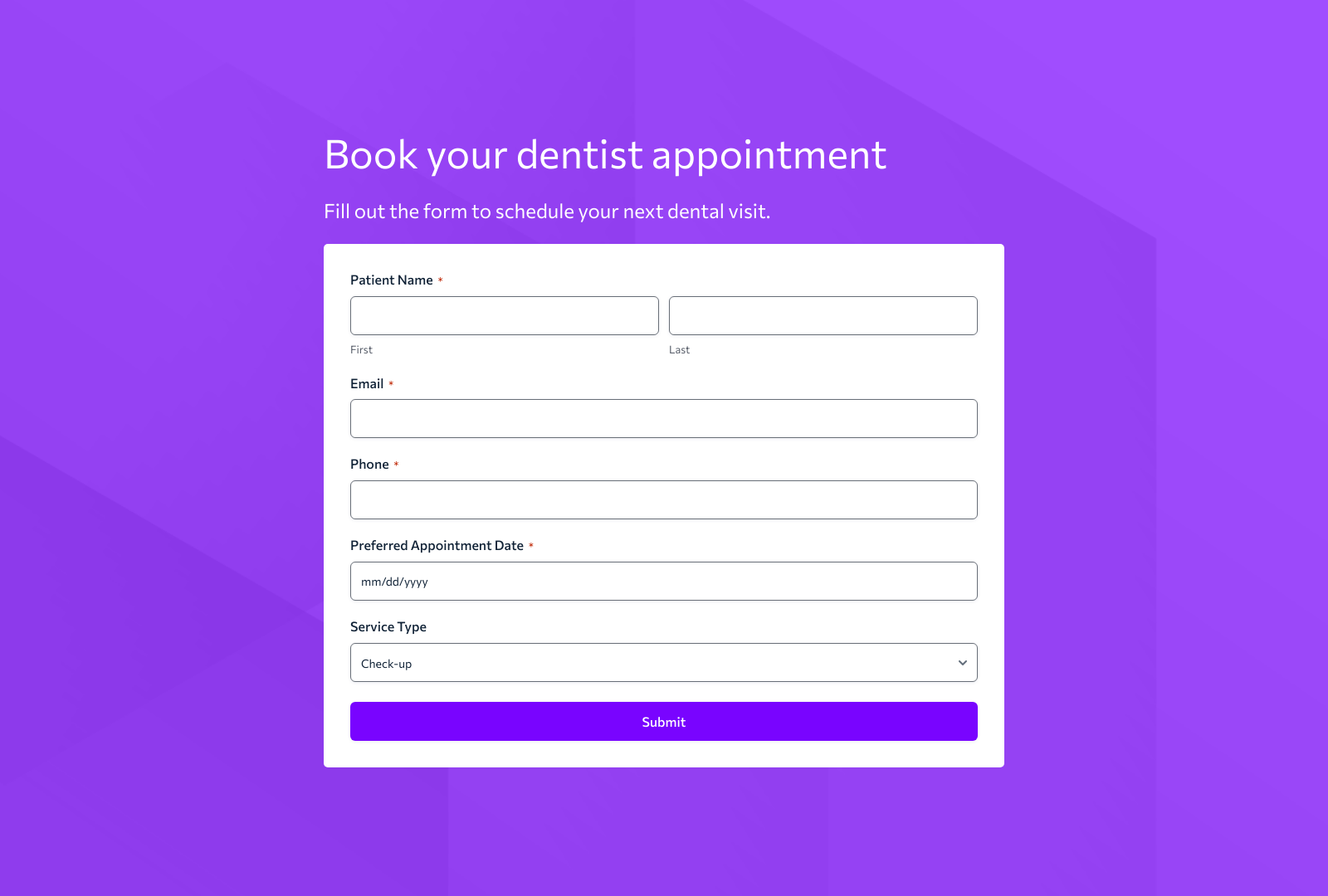 Dentist Booking Form Template with fields for patient name, appointment date, and contact details.