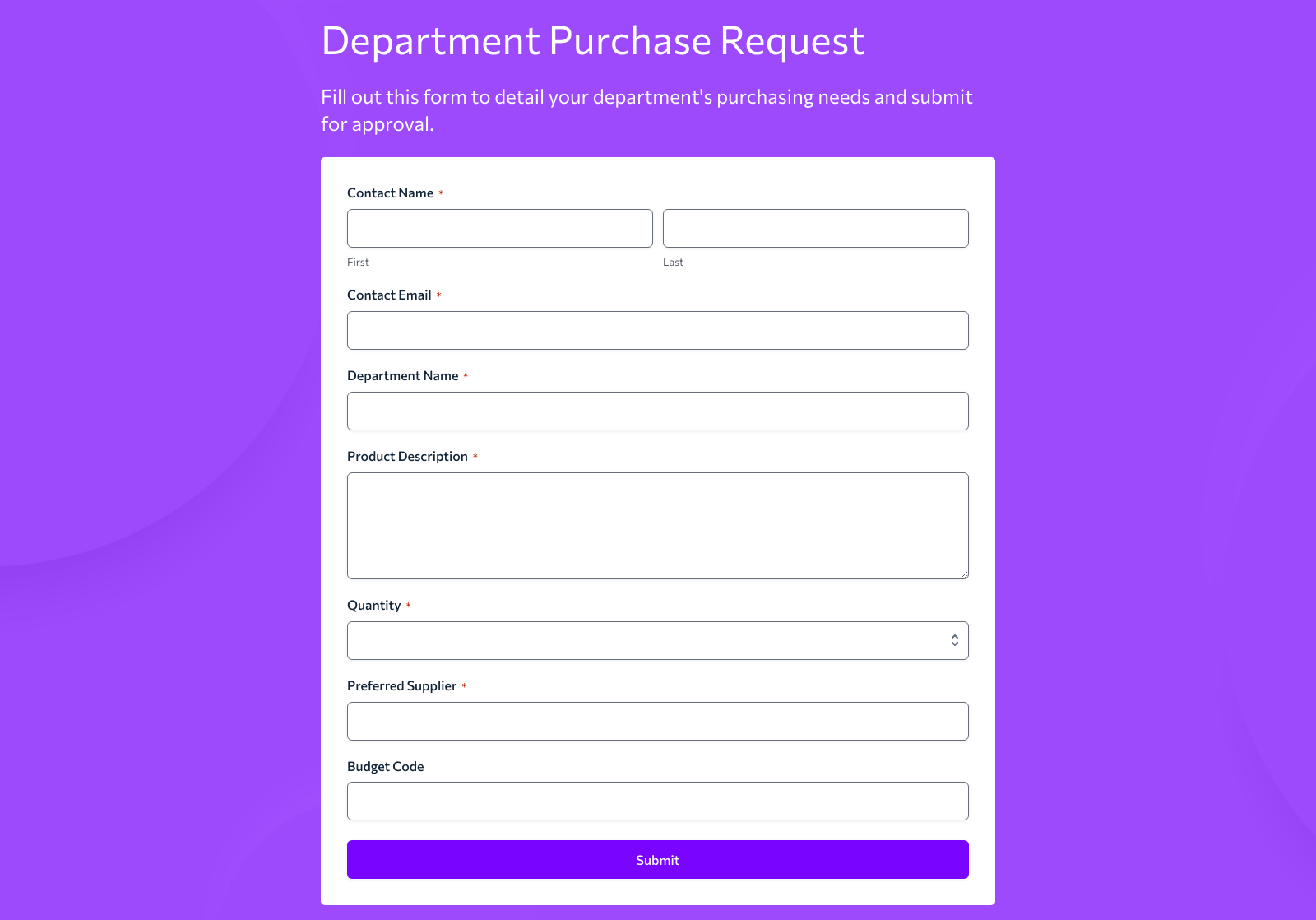 Screenshot of Department Purchase Request Form Template with fields for product details and preferred store.