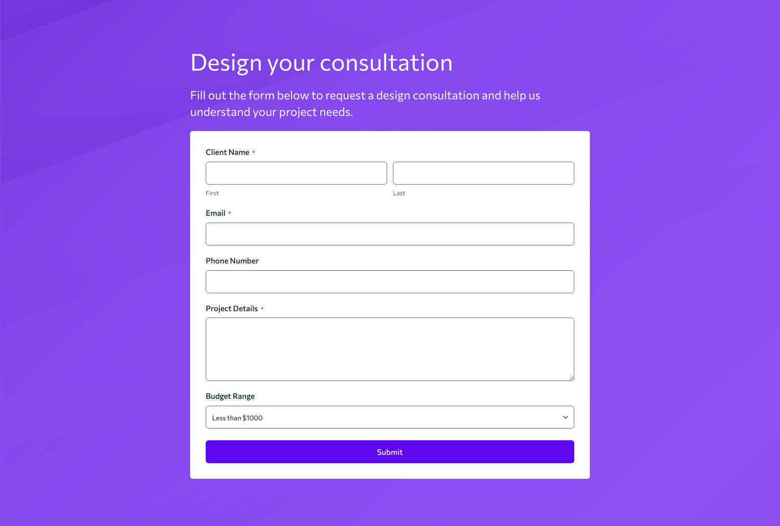 Design Consultation Form Template showing fields for client details and project scope.