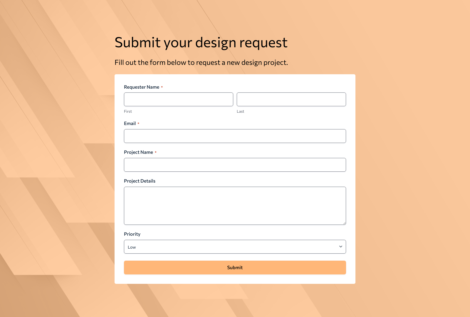 Design Request Form Template with fields for project details and submit button.